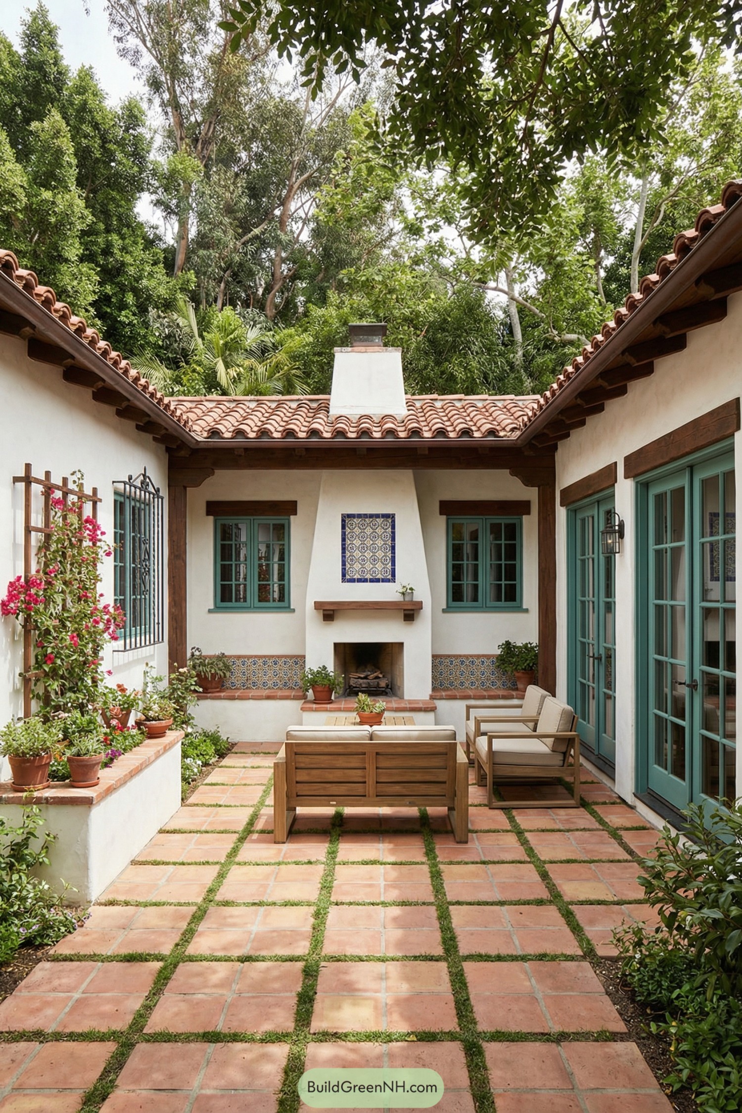 Enclosed Spanish-style courtyard with terracotta pavers, outdoor fireplace, and wooden seating surrounded by white stucco walls and greenery