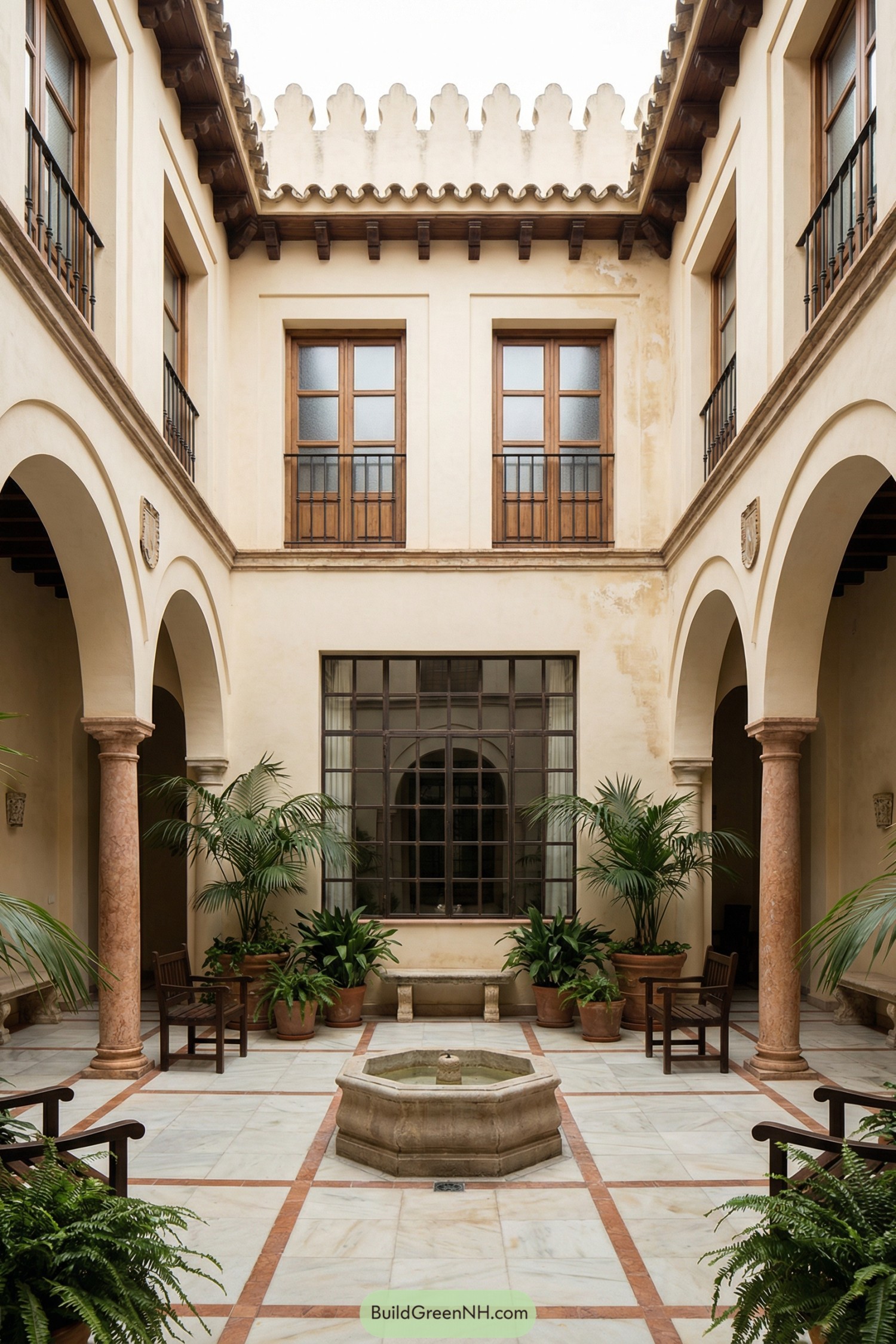 Open courtyard with arched colonnade and central fountain