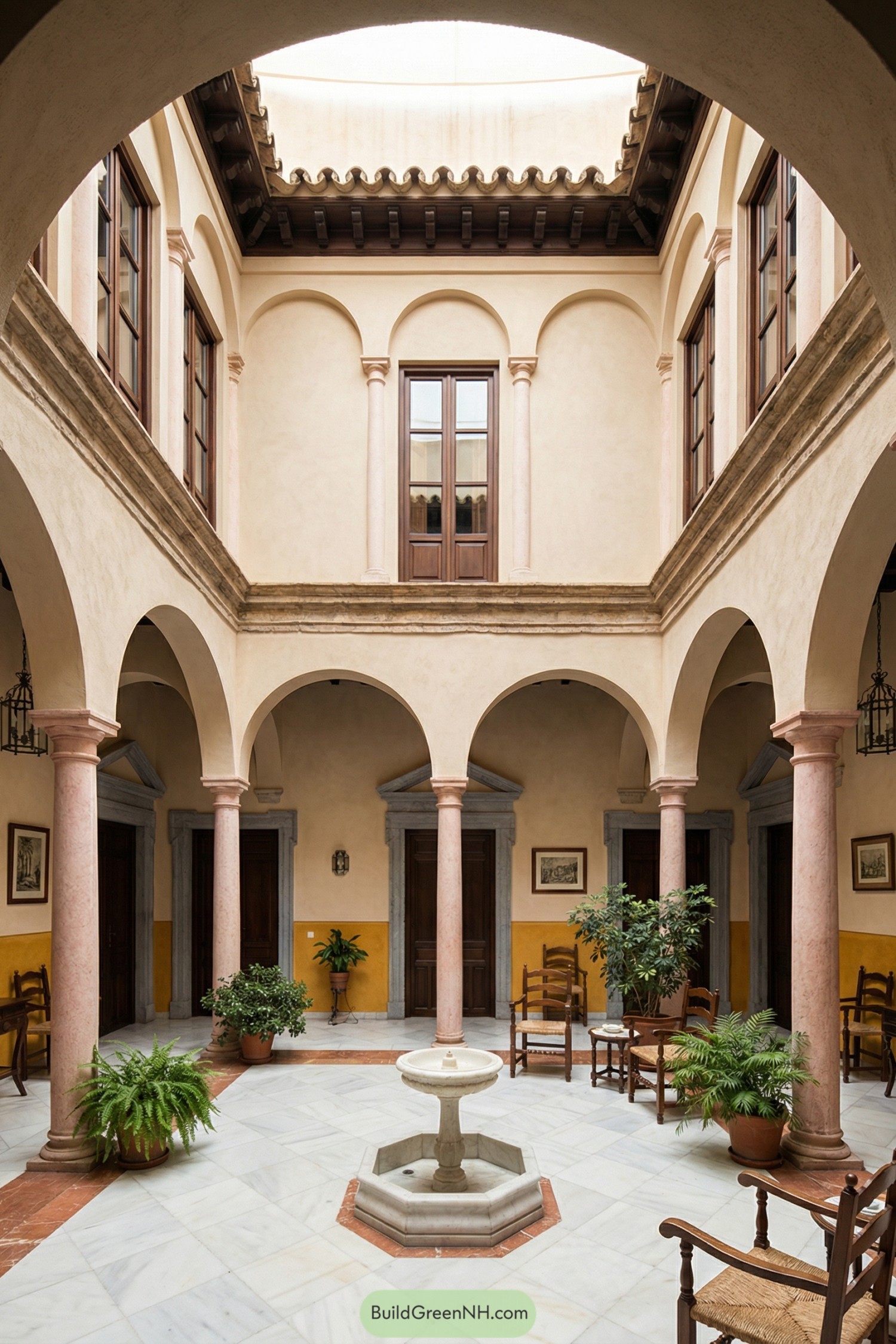 Open Spanish courtyard with arched colonnade and central fountain