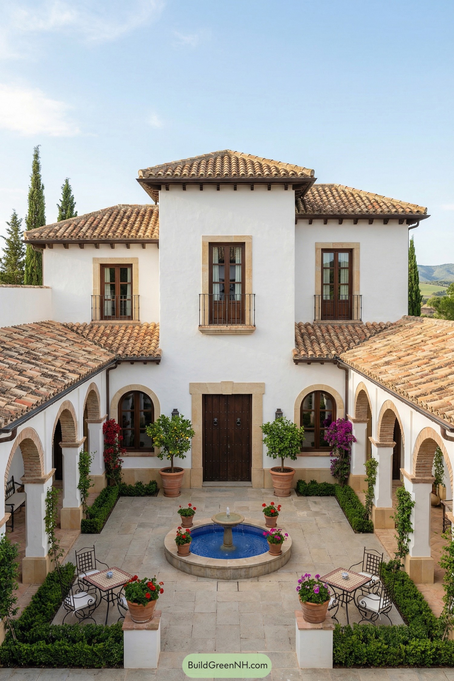 Spanish-style courtyard with arched colonnades and central blue-tiled fountain