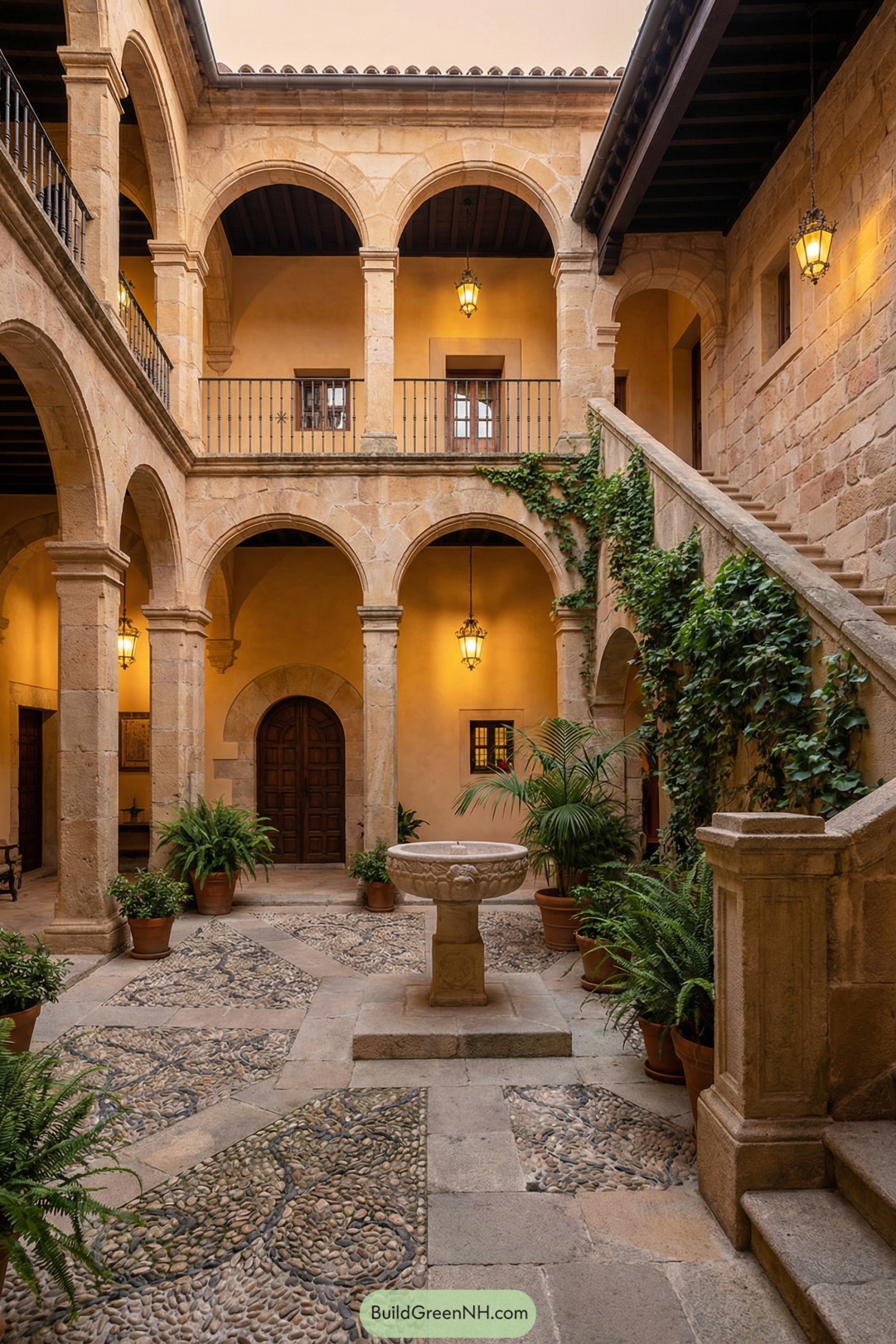 Warm stone arcade courtyard with central carved basin, pebble mosaic paving, climbing vines, and potted greenery