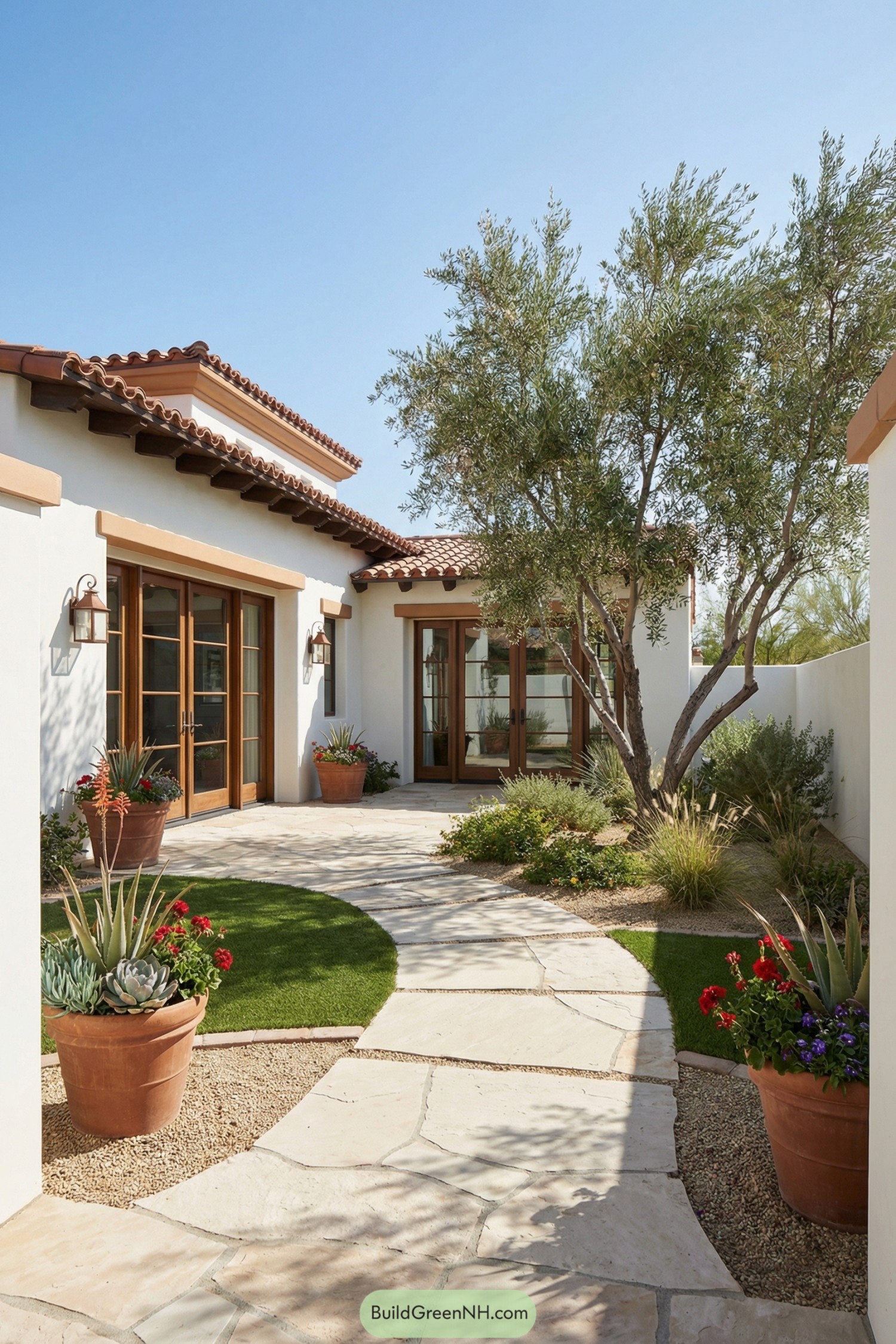 Spanish courtyard with flagstone walk, olive tree, and potted succulents