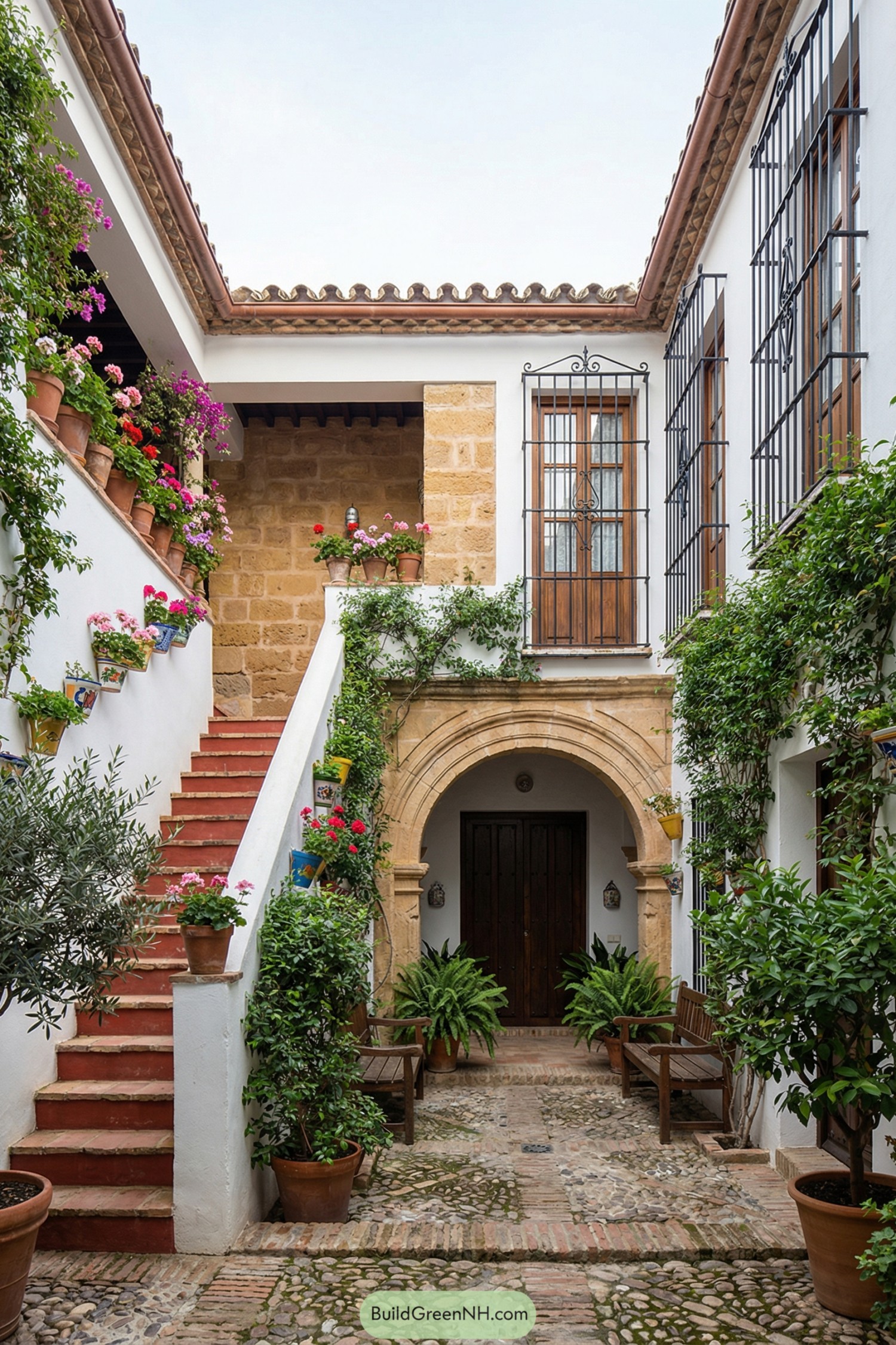 Spanish courtyard with arched stone entry and potted plants