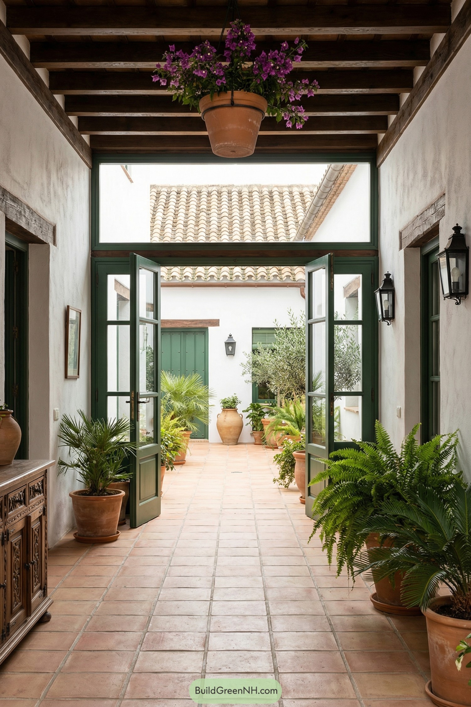 Covered Spanish courtyard hallway with green French doors, terracotta floor tiles, and potted plants leading to a bright patio