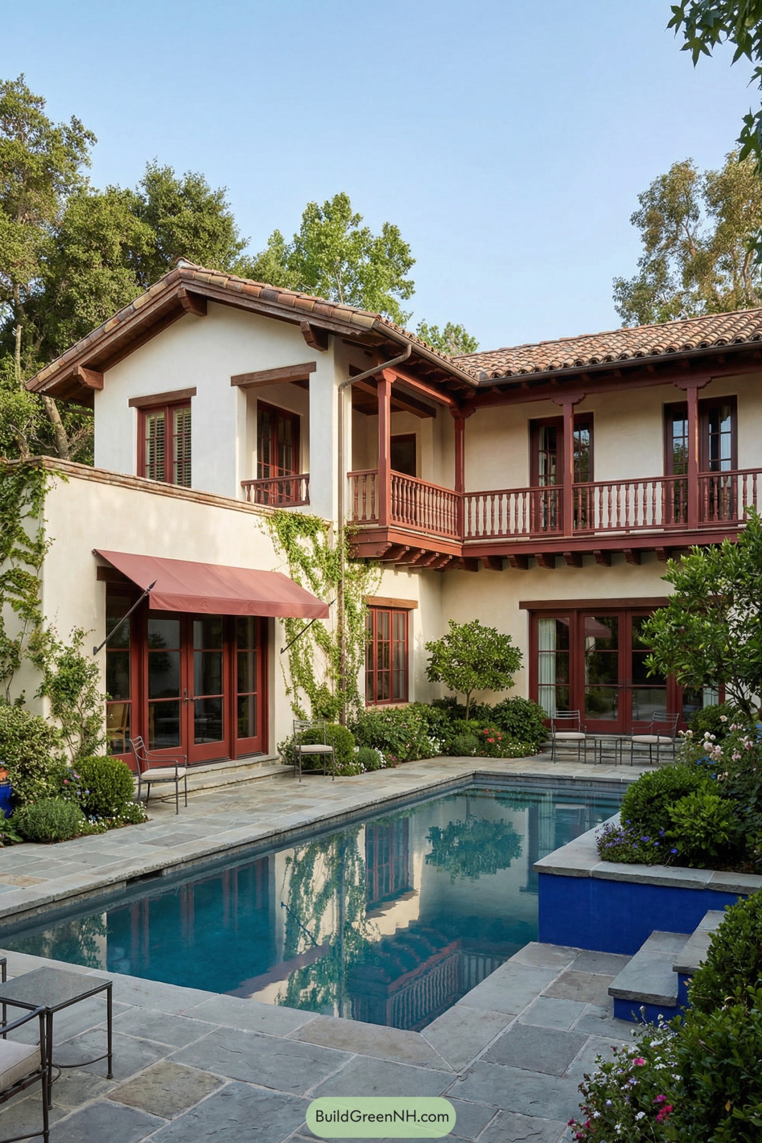 Spanish-style courtyard with central lap pool, wraparound balcony, and lush planted borders