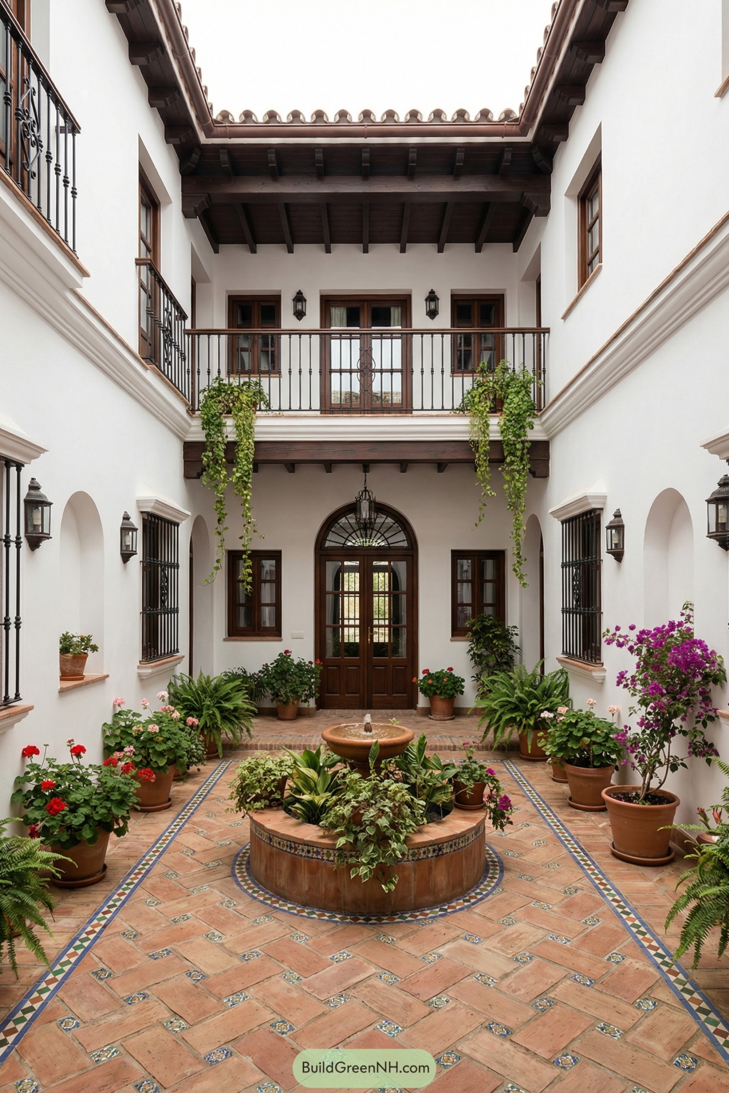 high-res photo of spanish house courtyard, traditional two-story Andalusian facade surrounding a narrow rectangular patio, smooth white stucco walls with simple cornices, deep-set geometry with an upper gallery on one side, warm terracotta tones contrasting with dark wood and black ironwork, structure organized around a central axis leading to an arched doorway, solid masonry construction with hand-made terracotta floor tiles and multicolored glazed ceramic tile inlays forming linear patterns, exposed dark wooden beams supporting deep eaves, classic curved terracotta roof tiles visible along the inner perimeter, upper-level balcony with black wrought-iron balustrade running across the main facade, rectangular wooden windows with black iron grilles and small upper casements, a central upper doorway in dark stained wood with multiple glass panes and simple trim, matching lower-level double doors with arched transom and divided glass panels, arched wall openings along the sides with recessed niches and iron lantern sconces, courtyard paving in diagonal terracotta brick pattern with a raised circular planter-fountain at the center, abundant potted plants in clay pots arranged along the walls and paths, large leafy tropical and Mediterranean vegetation creating lush borders, long cascading green vines draping from the upper balcony toward the patio, enclosed atmosphere with walls on all sides and only a bright opening of sky above, intimate and picture-worthy composition with a central perspective aligned on the door and fountain, real-life photo, high-resolution, architectural photography, soft lighting, cinematic composition.