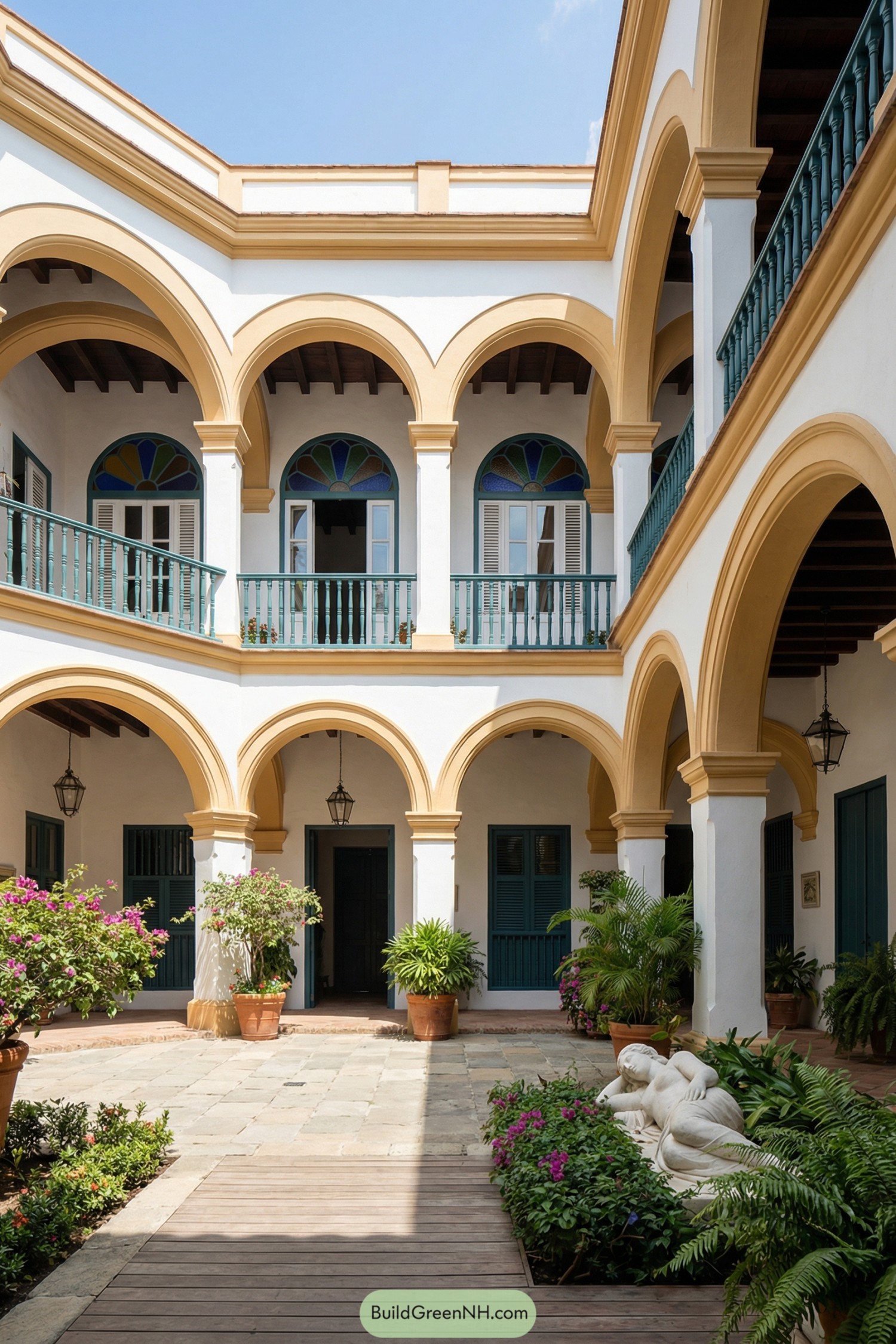 Two story Spanish courtyard with yellow arches teal railings potted plants and central statue