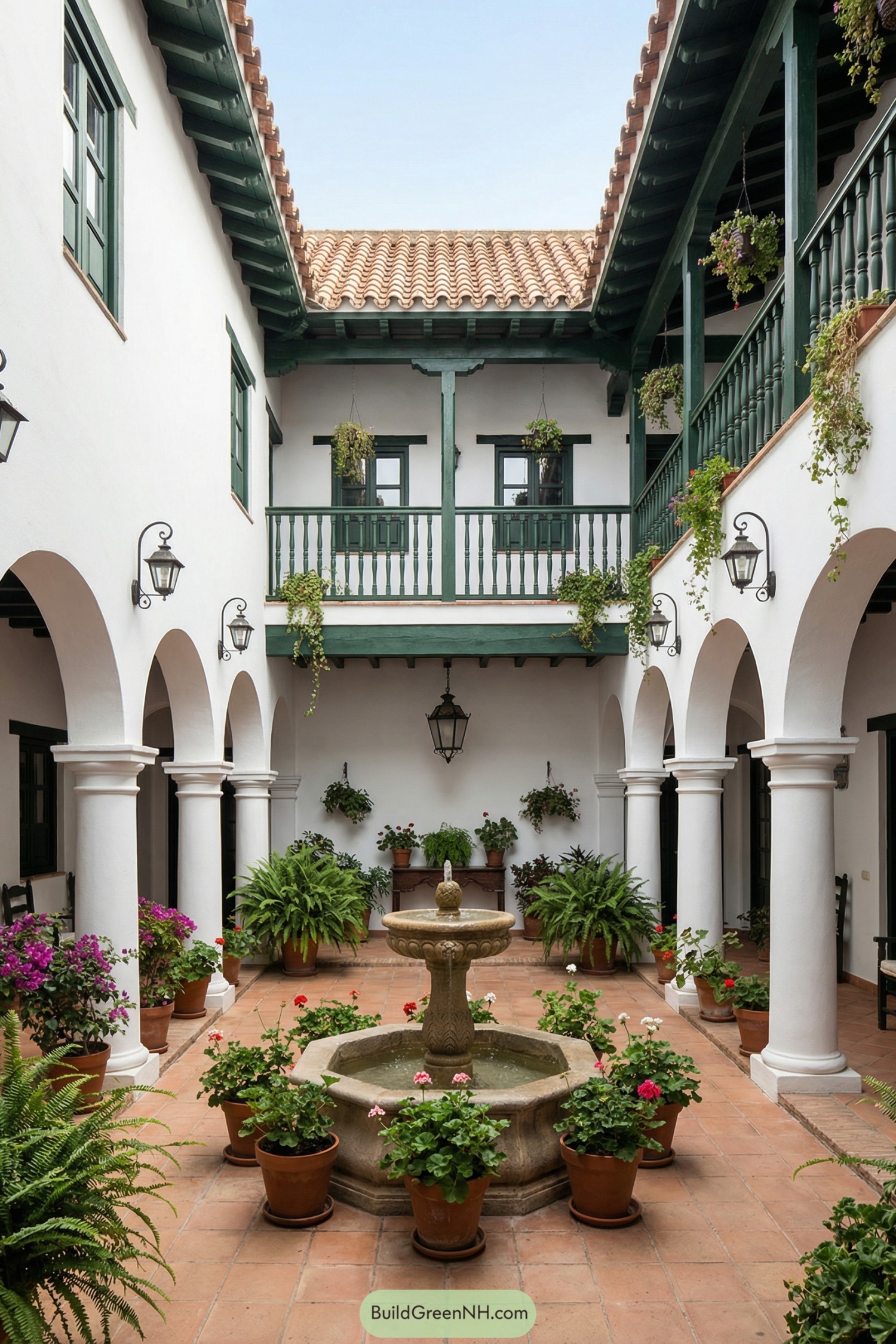 Spanish courtyard with fountain and potted plants