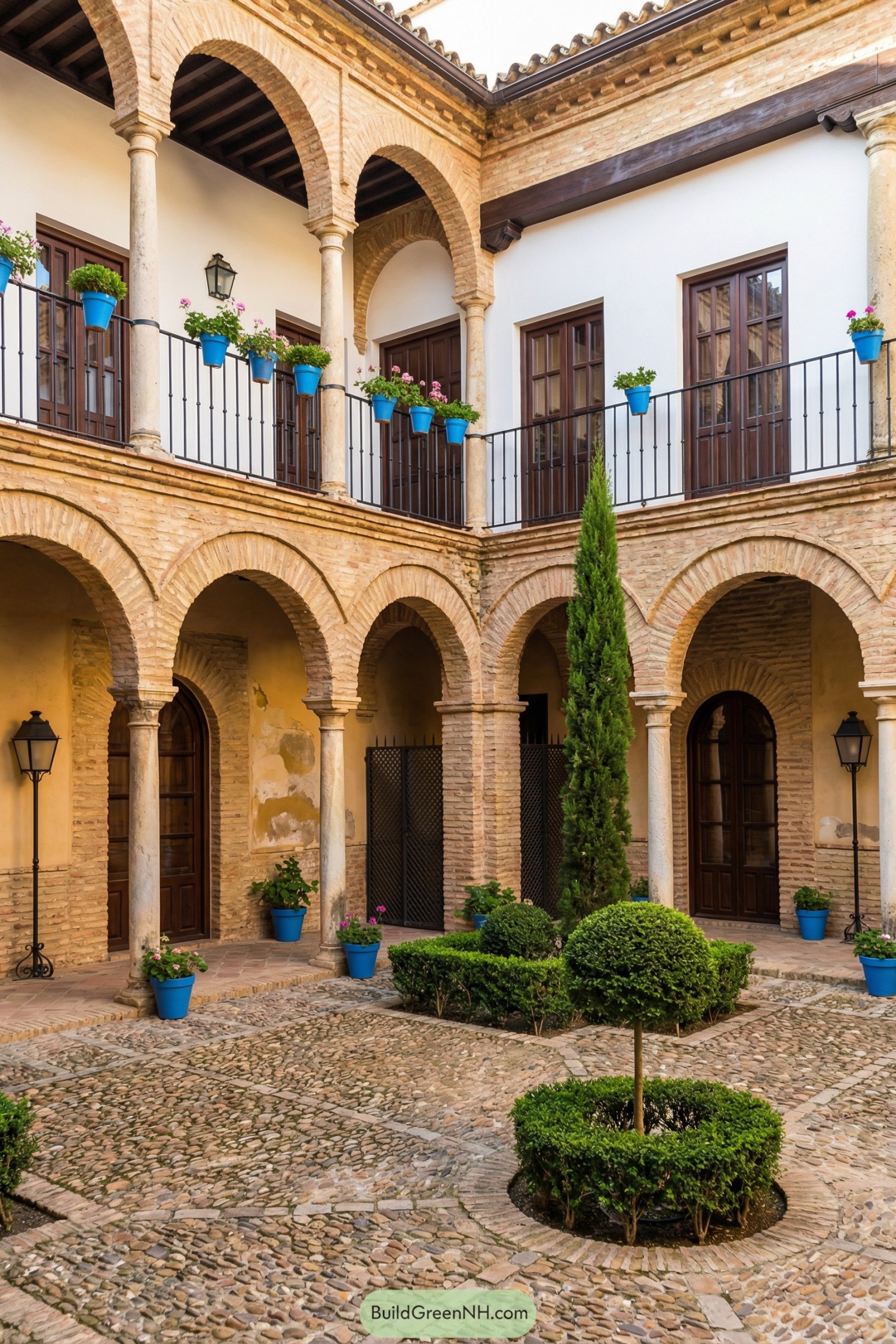 Two-story Spanish courtyard with brick arches, cobblestone paving, trimmed greenery, and bright blue flower pots along the upper balcony