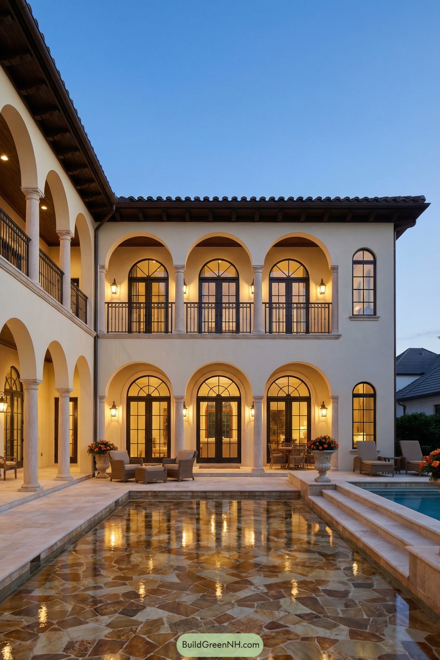 Two-story Mediterranean-style courtyard with arched galleries and reflective stone pool deck at dusk