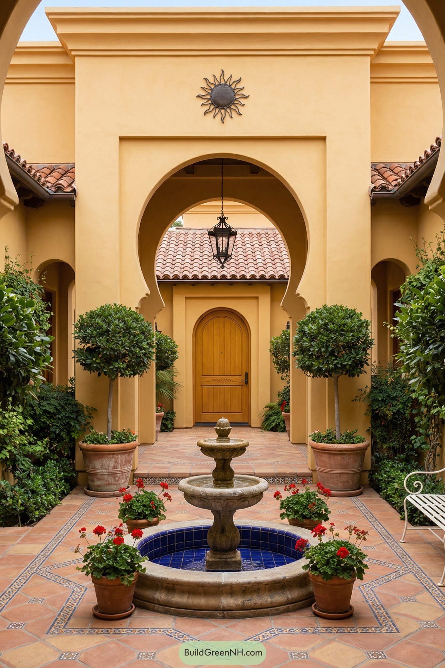 Warm Spanish courtyard with central tiered fountain, arched entry, potted greenery, and sun emblem on golden stucco walls