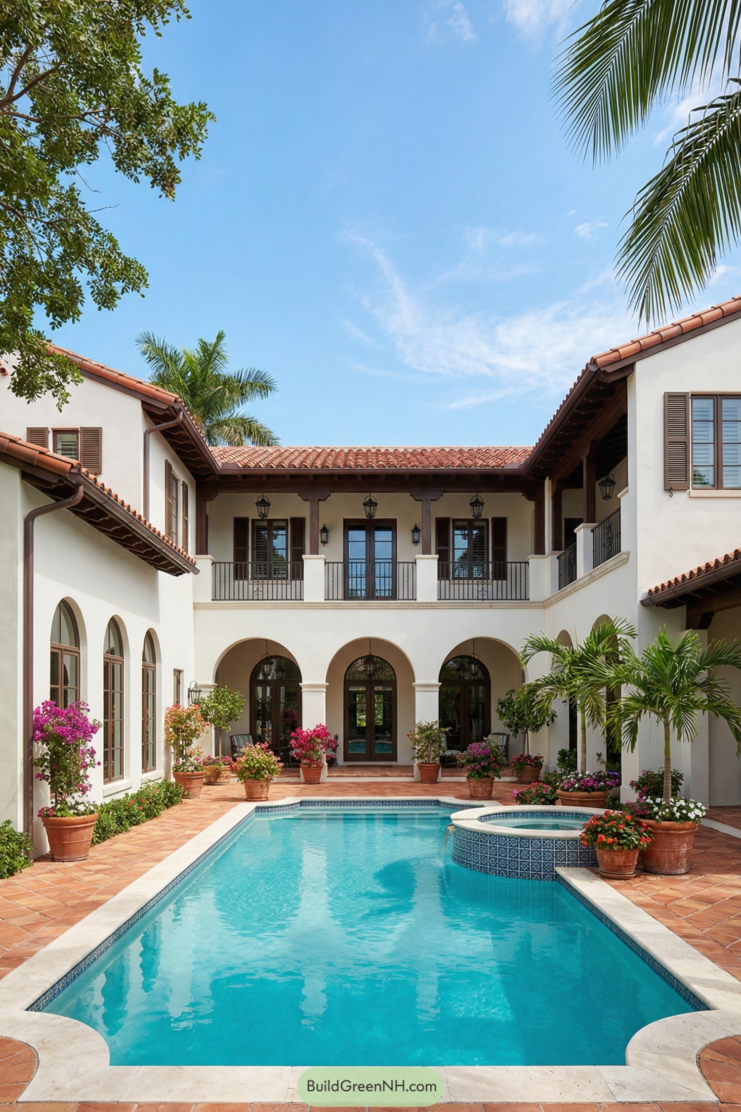 Spanish-style courtyard with arched terrace, terracotta paving, and central pool with spa