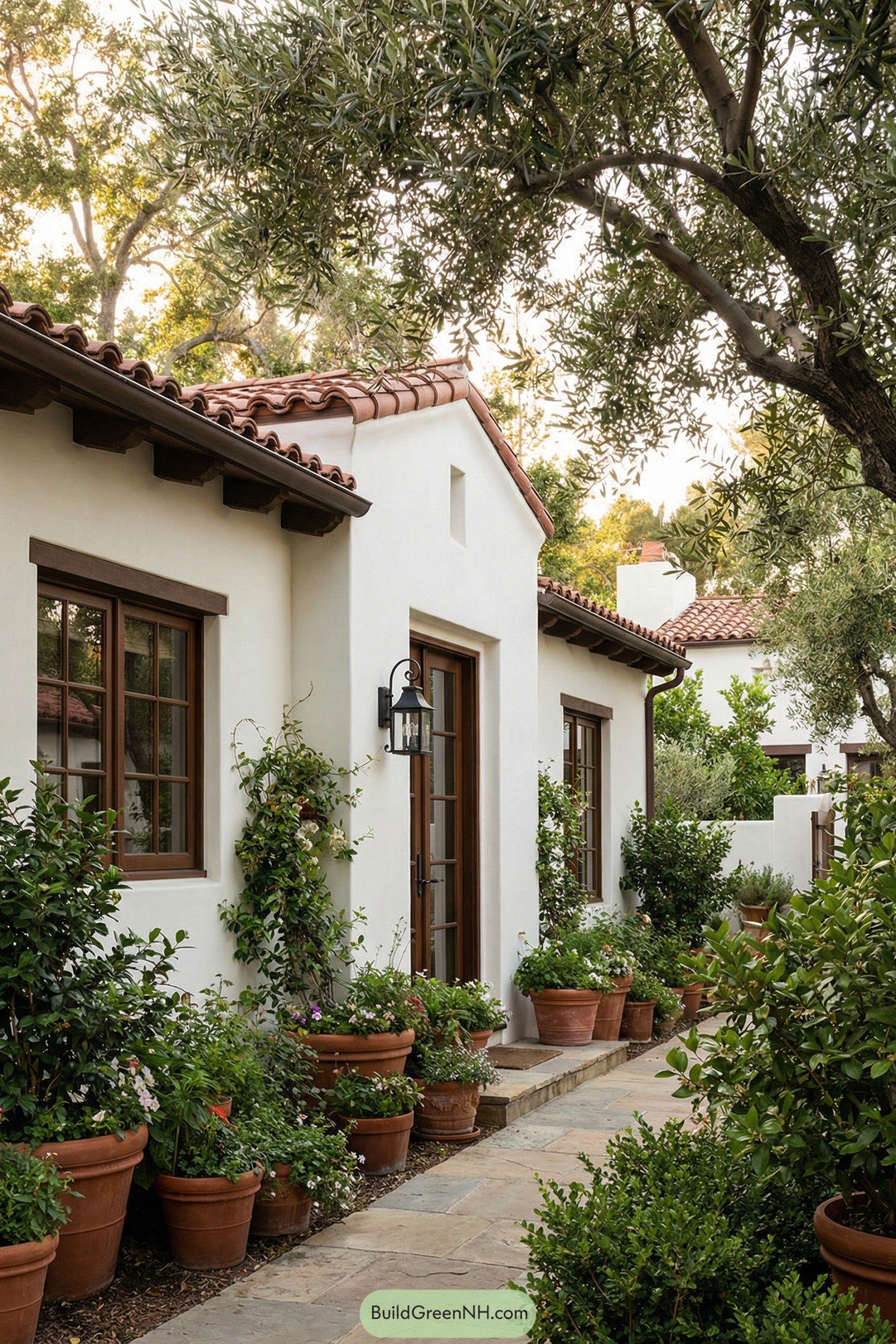 White stucco courtyard path lined with terracotta pots and lush greenery