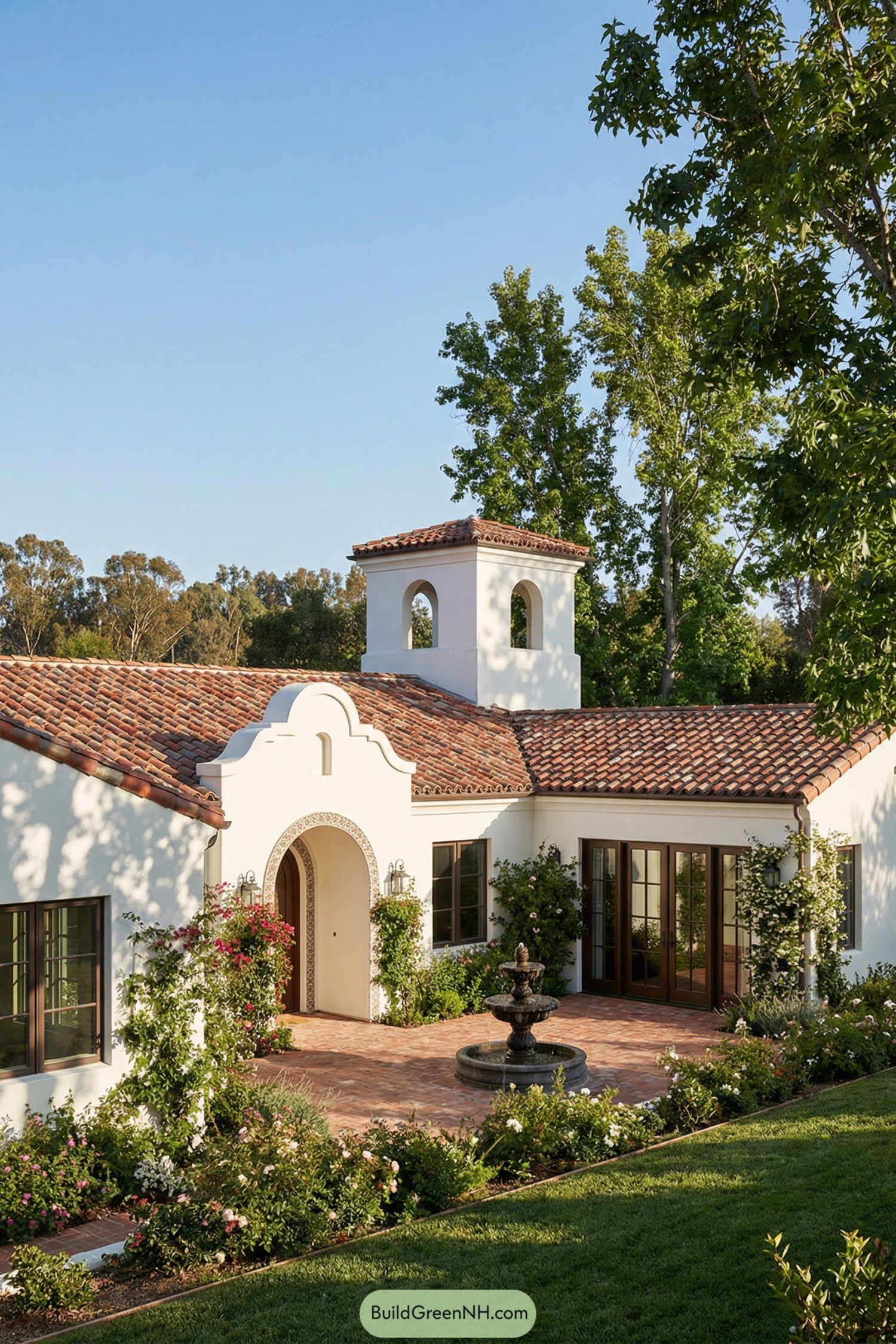 Spanish-style courtyard with central fountain and tower