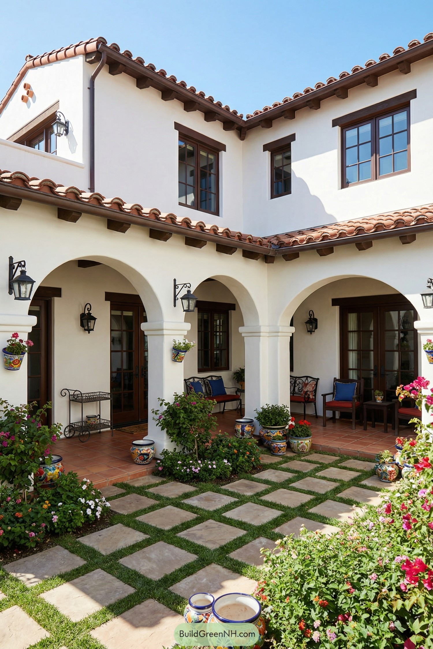 Spanish-style courtyard with arched colonnade, terracotta tiles, and vibrant potted plants around a grid stone patio