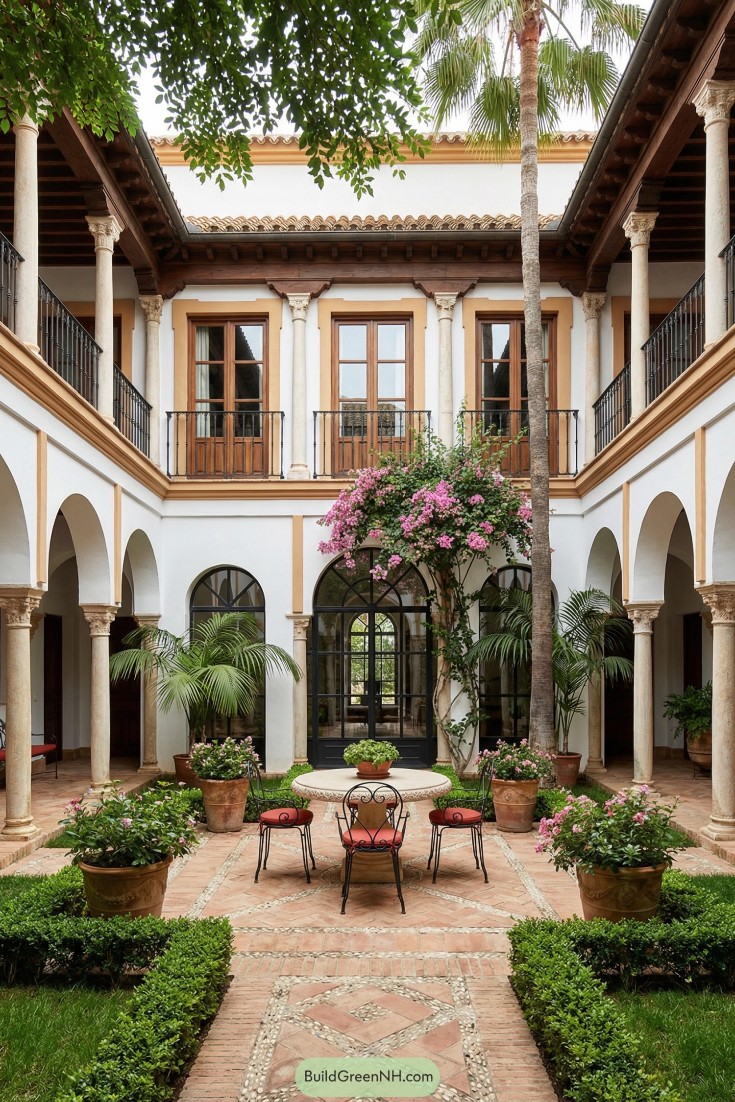 Two-story Spanish courtyard with arches lush greenery and small dining set