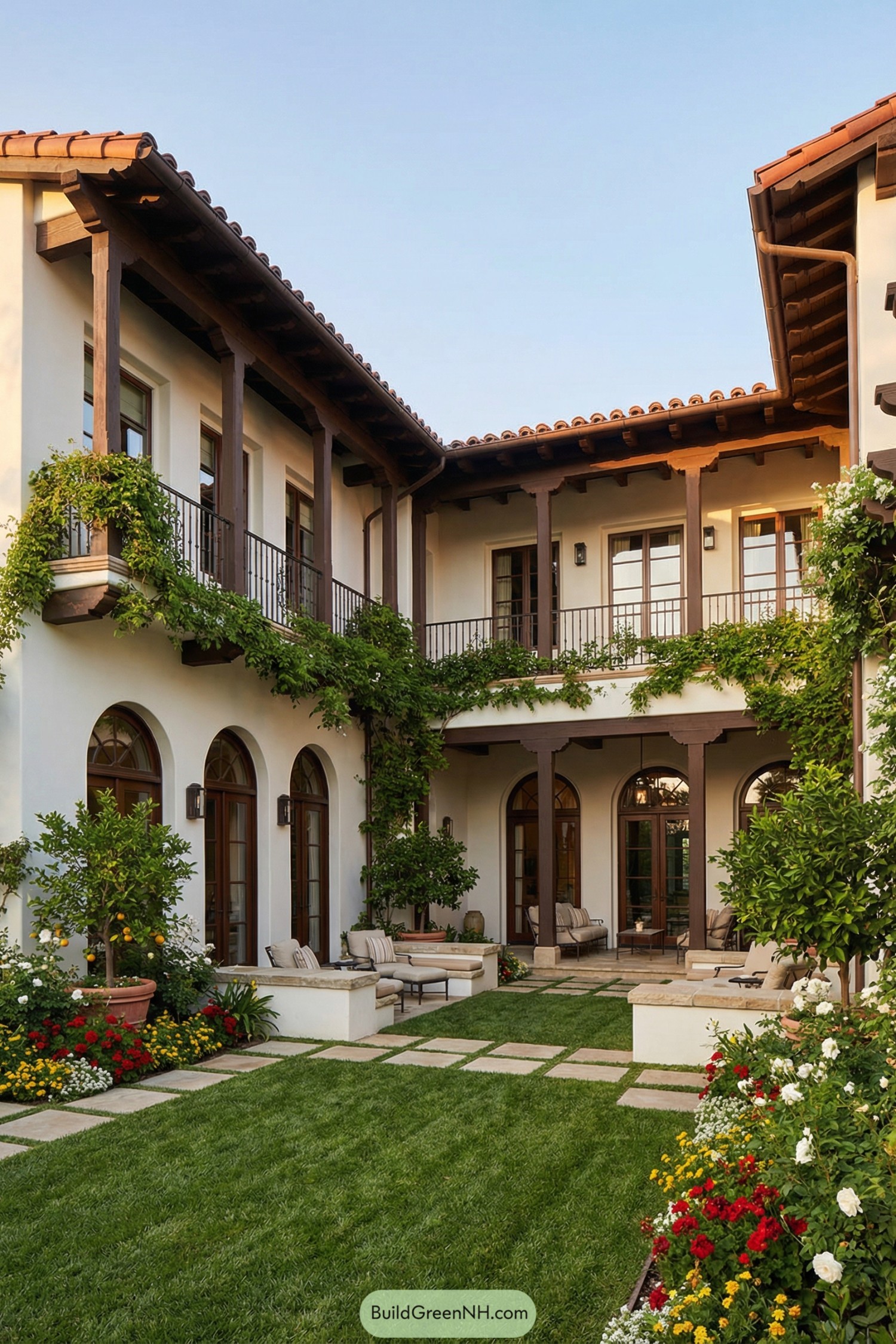 Two-story Spanish-style courtyard with arched doors, wood balconies, and lush vines over a manicured lawn and flower beds