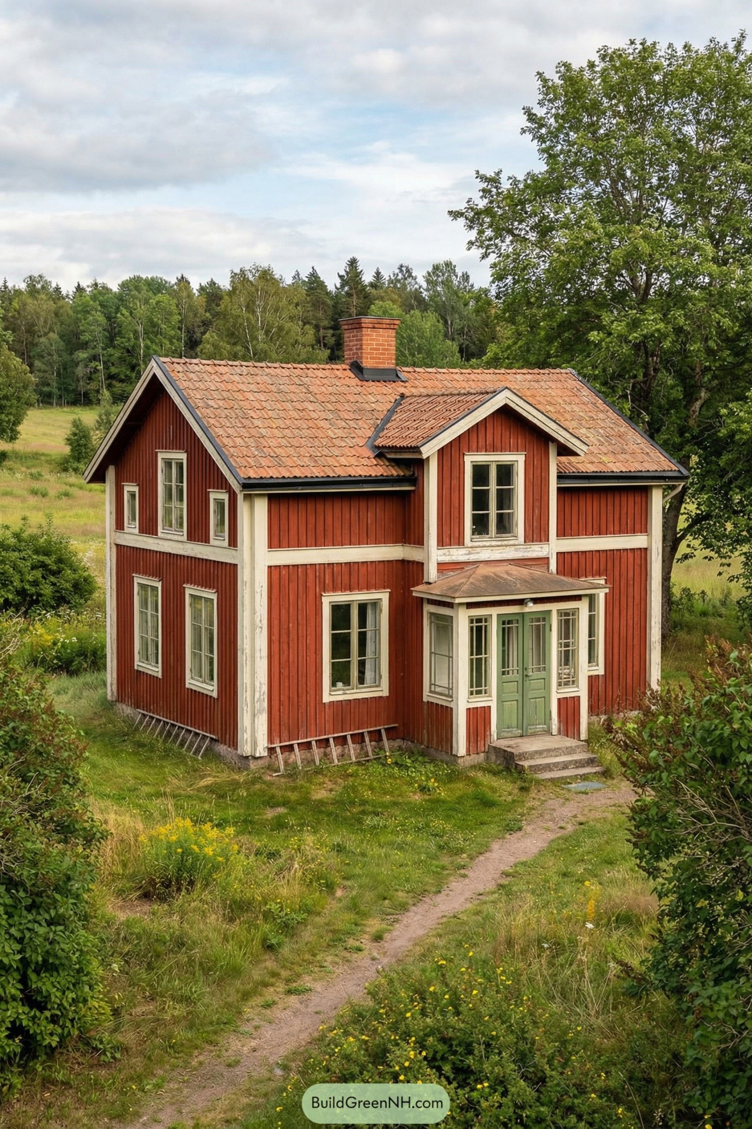 Red wooden country house with green entry porch in a lush meadow