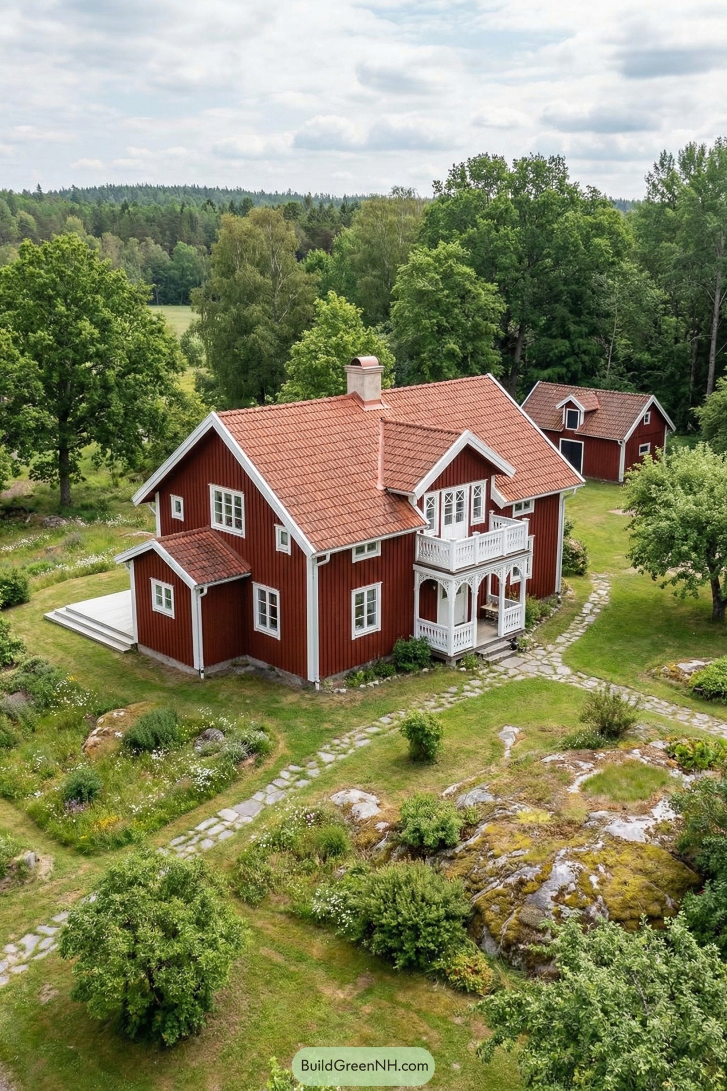 Red wooden Swedish farmhouse with white trim, balcony, and stone paths set in lush countryside