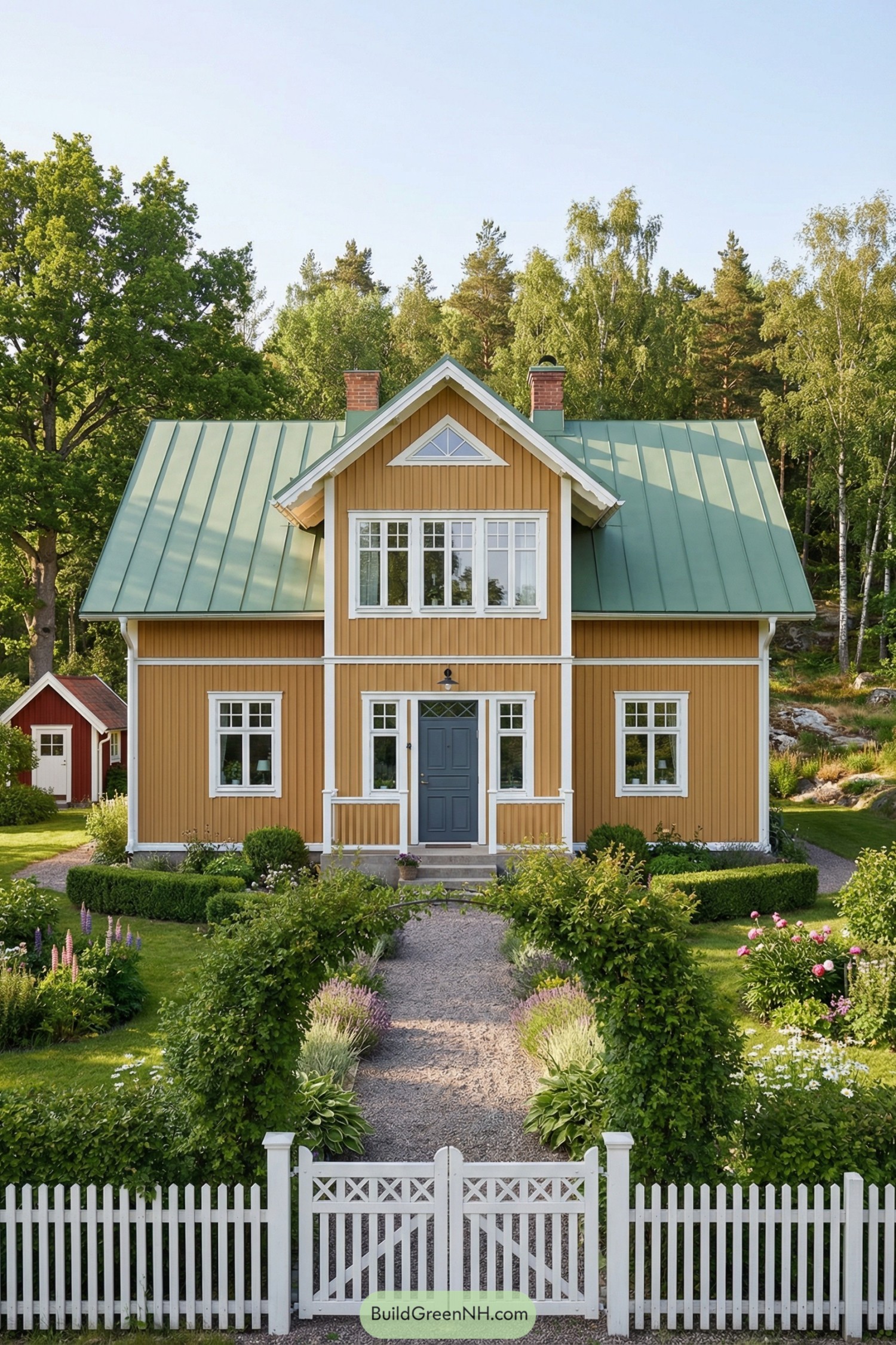 Mustard-yellow Swedish country house with green roof and white trim set in a lush garden