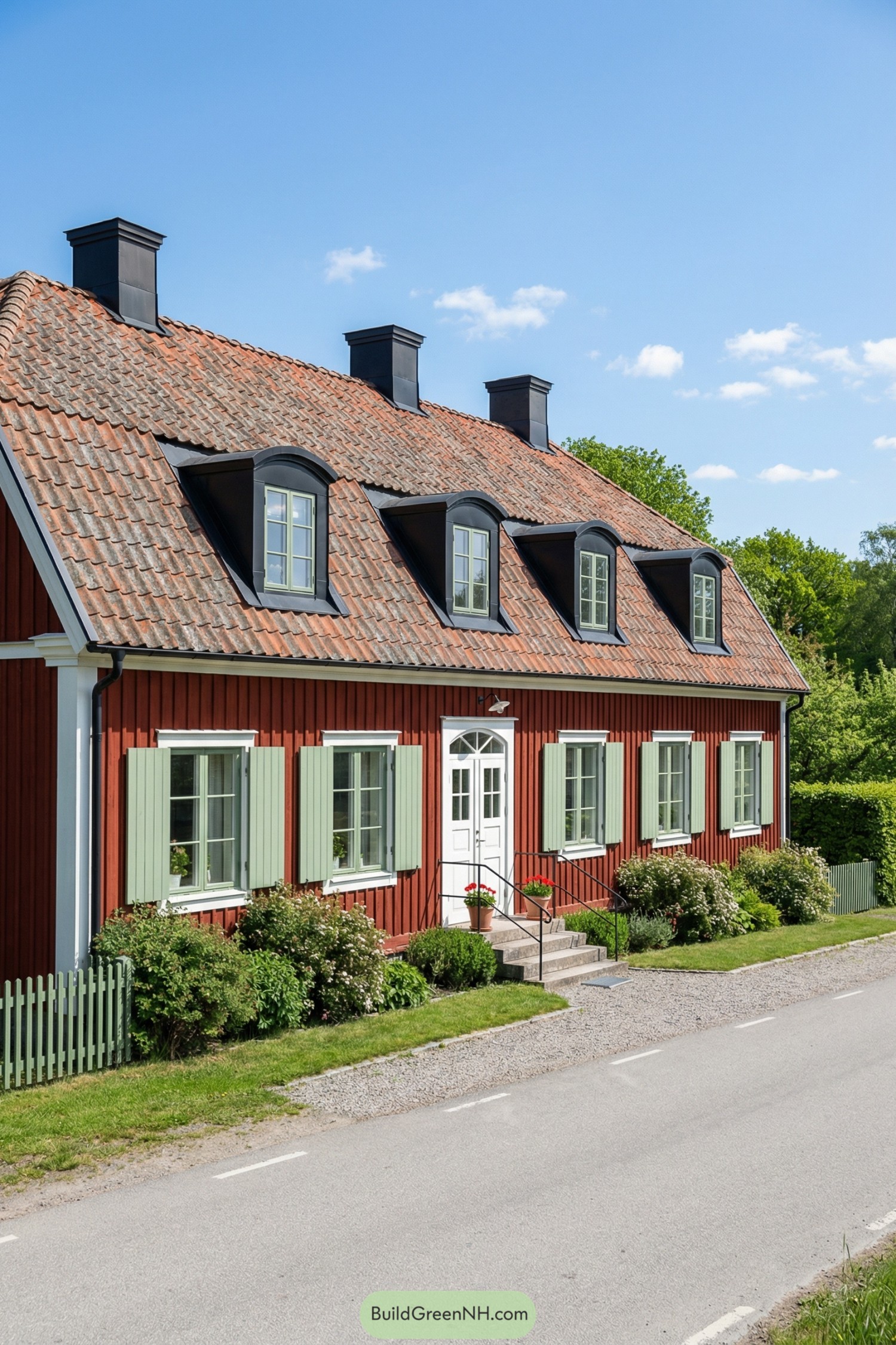 Traditional red wooden Swedish house with mint-green shutters and dormer windows along a quiet country road