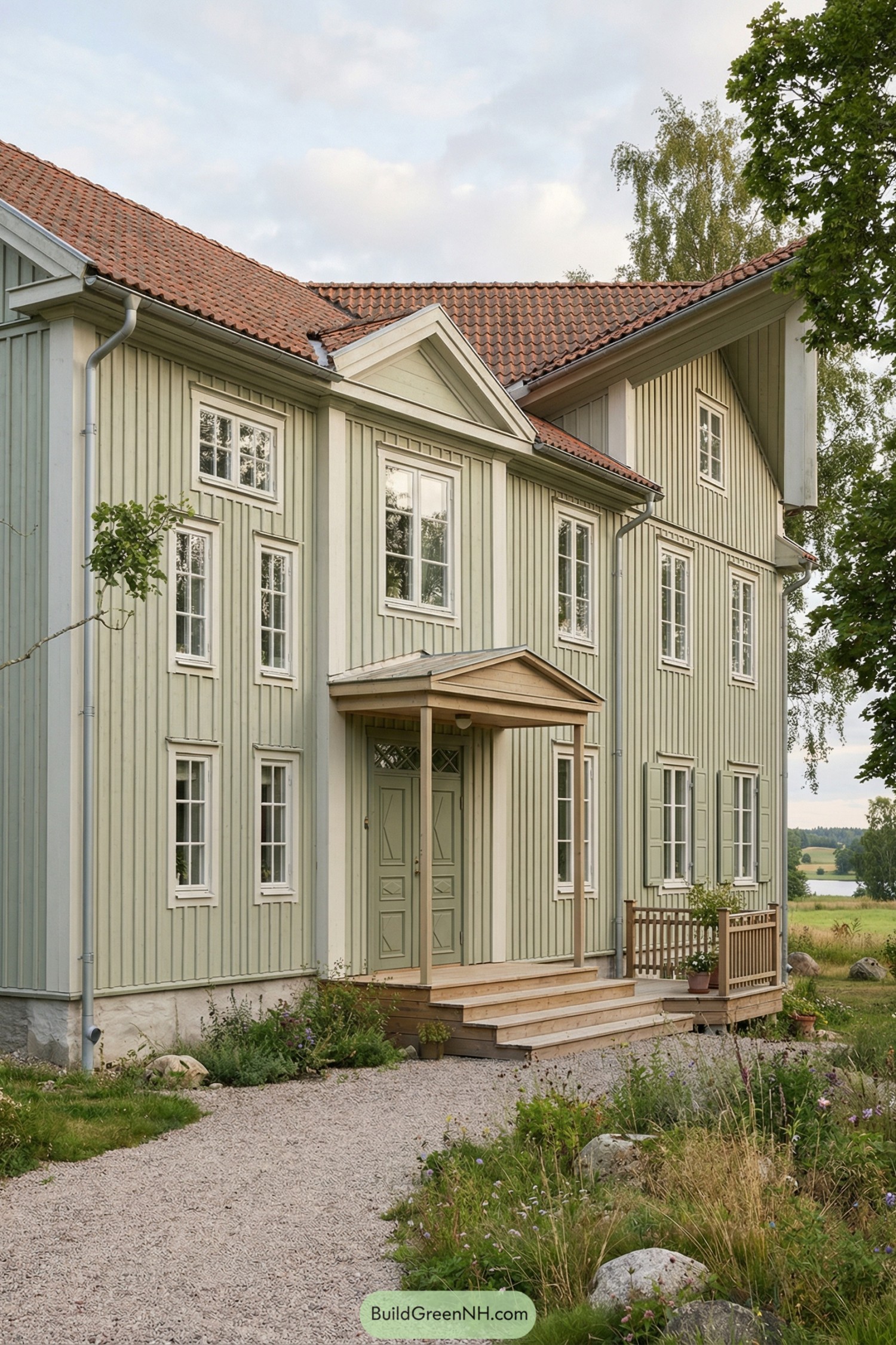 Pale green Swedish farmhouse with red tile roof and wooden porch