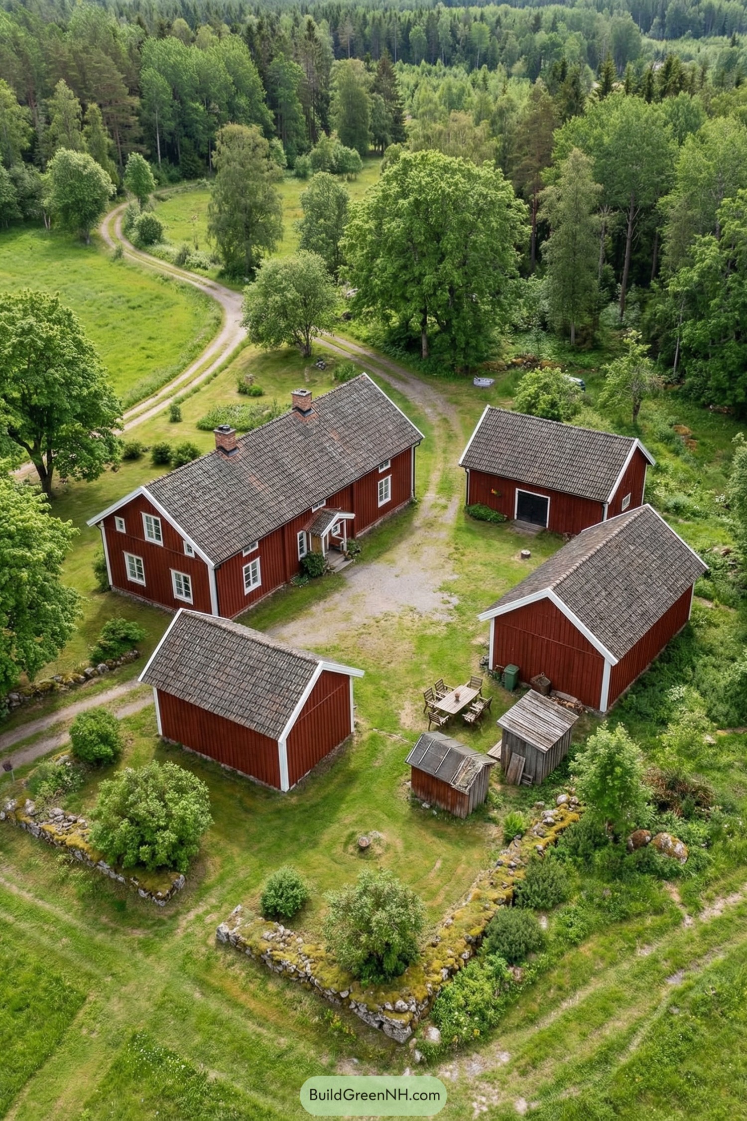 Aerial view of traditional red wooden Swedish farmhouse cluster surrounded by lush green countryside