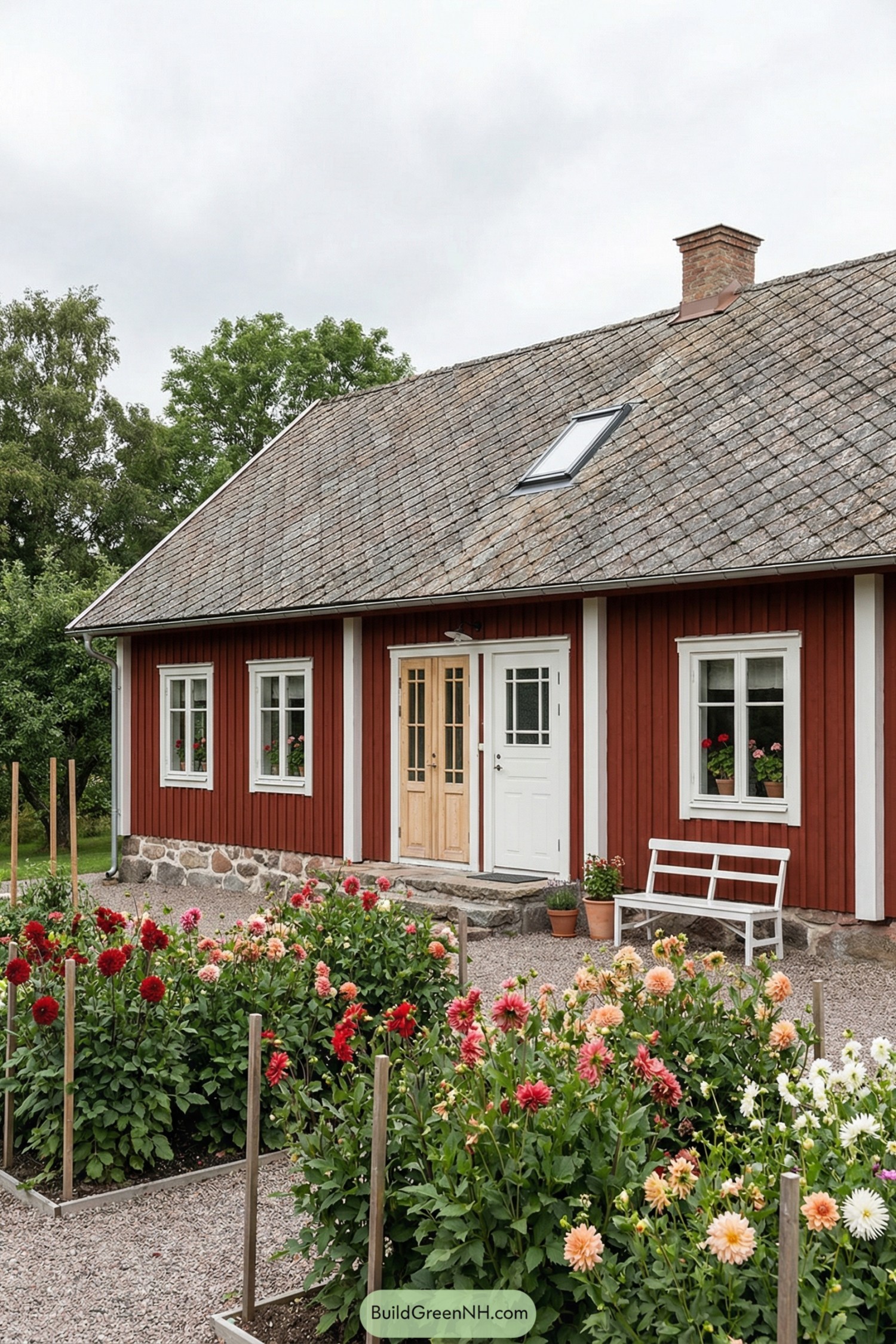 Red Swedish cottage with stone base and lush flower beds