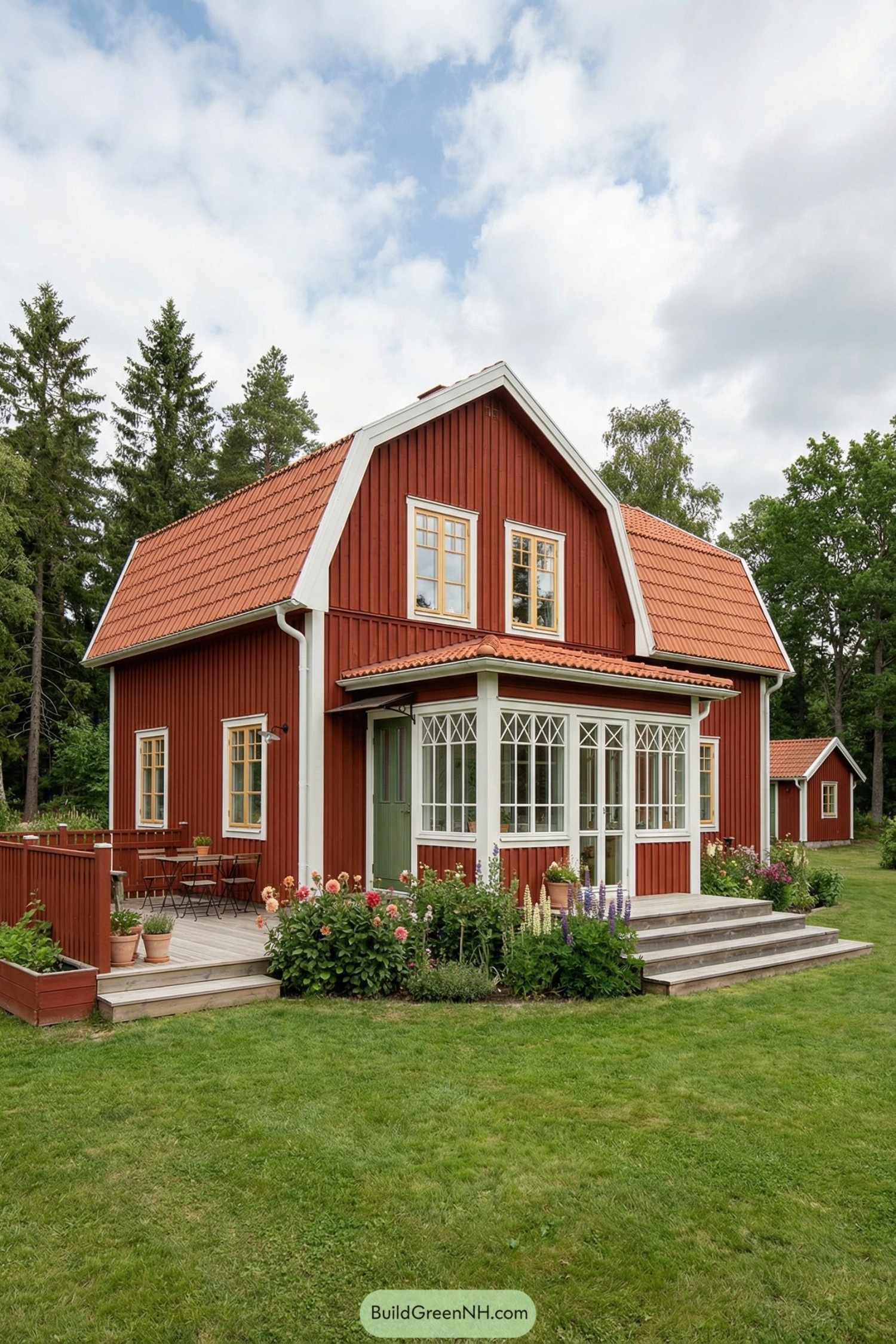 Red Swedish country house with white-trimmed veranda and flower-filled yard