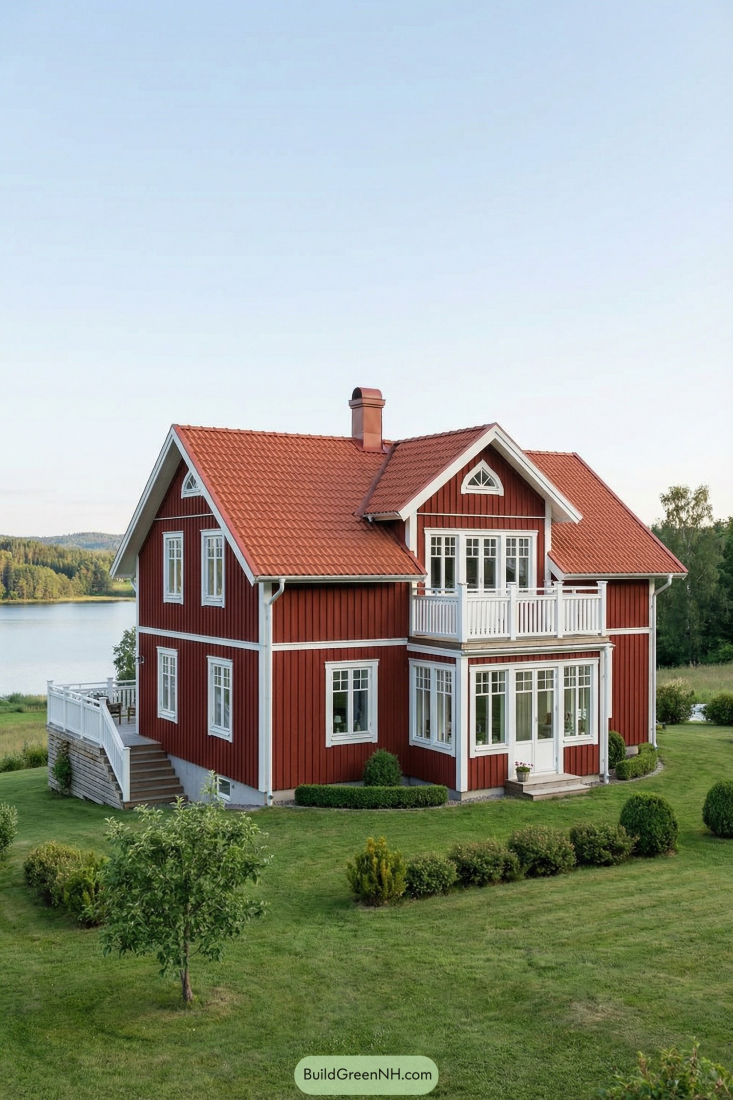 Red two-story Swedish country house with white trim, balconies, and a tiled roof set in a manicured lakeside lawn