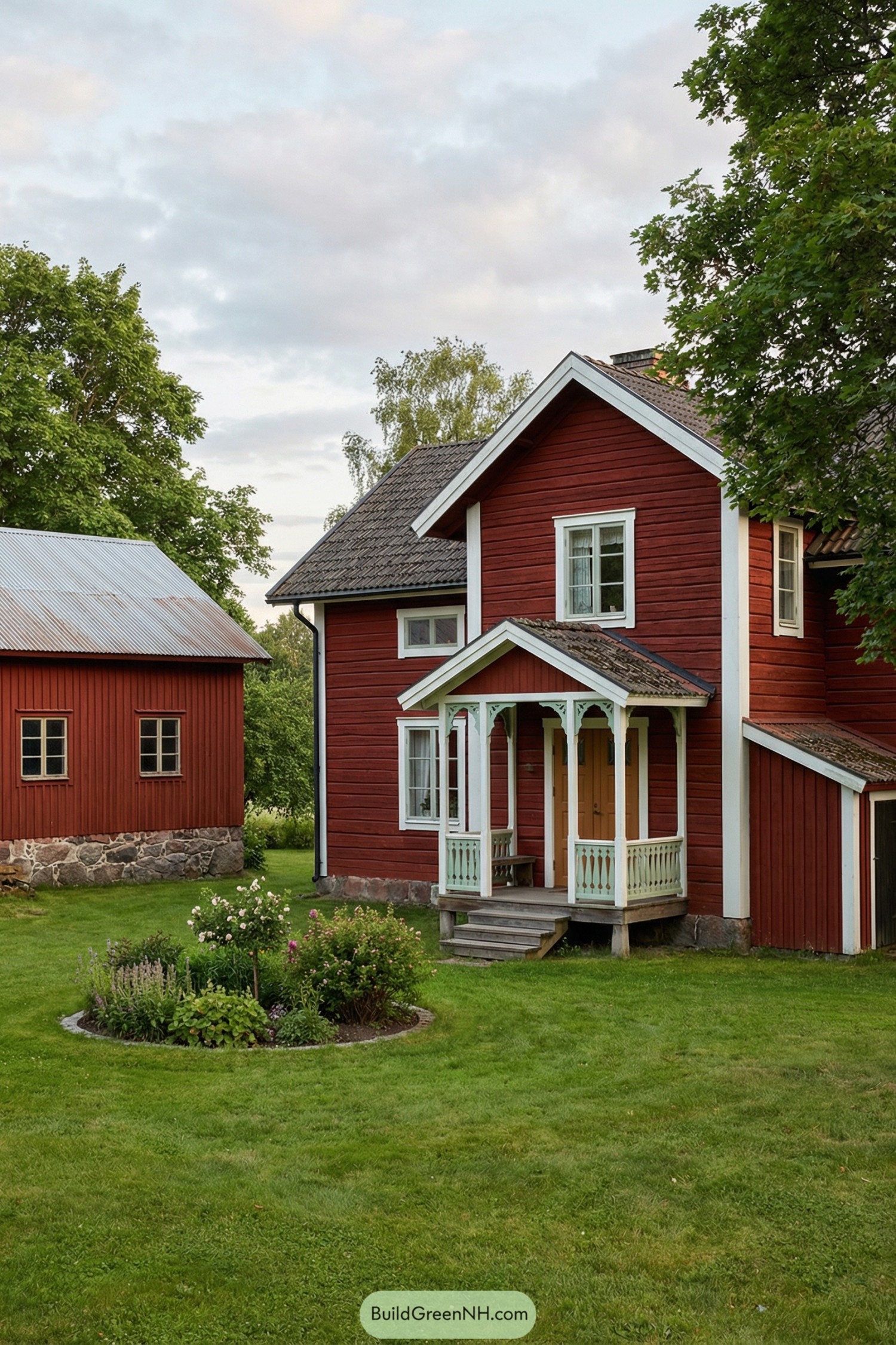 Red wooden farmhouse with mint-green porch and lush garden lawn