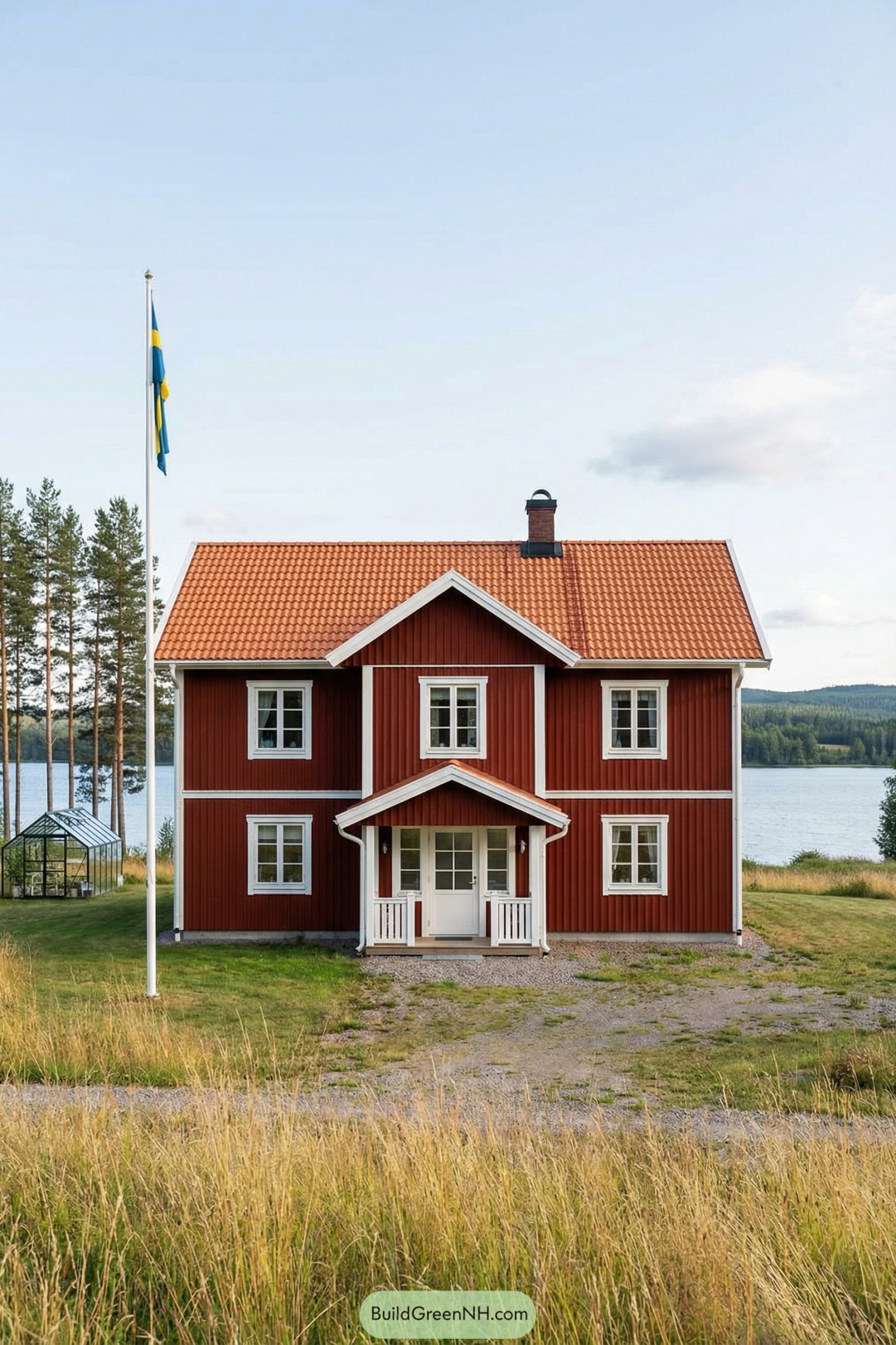 Red two-story Swedish country house with white trim and tiled roof beside a lake