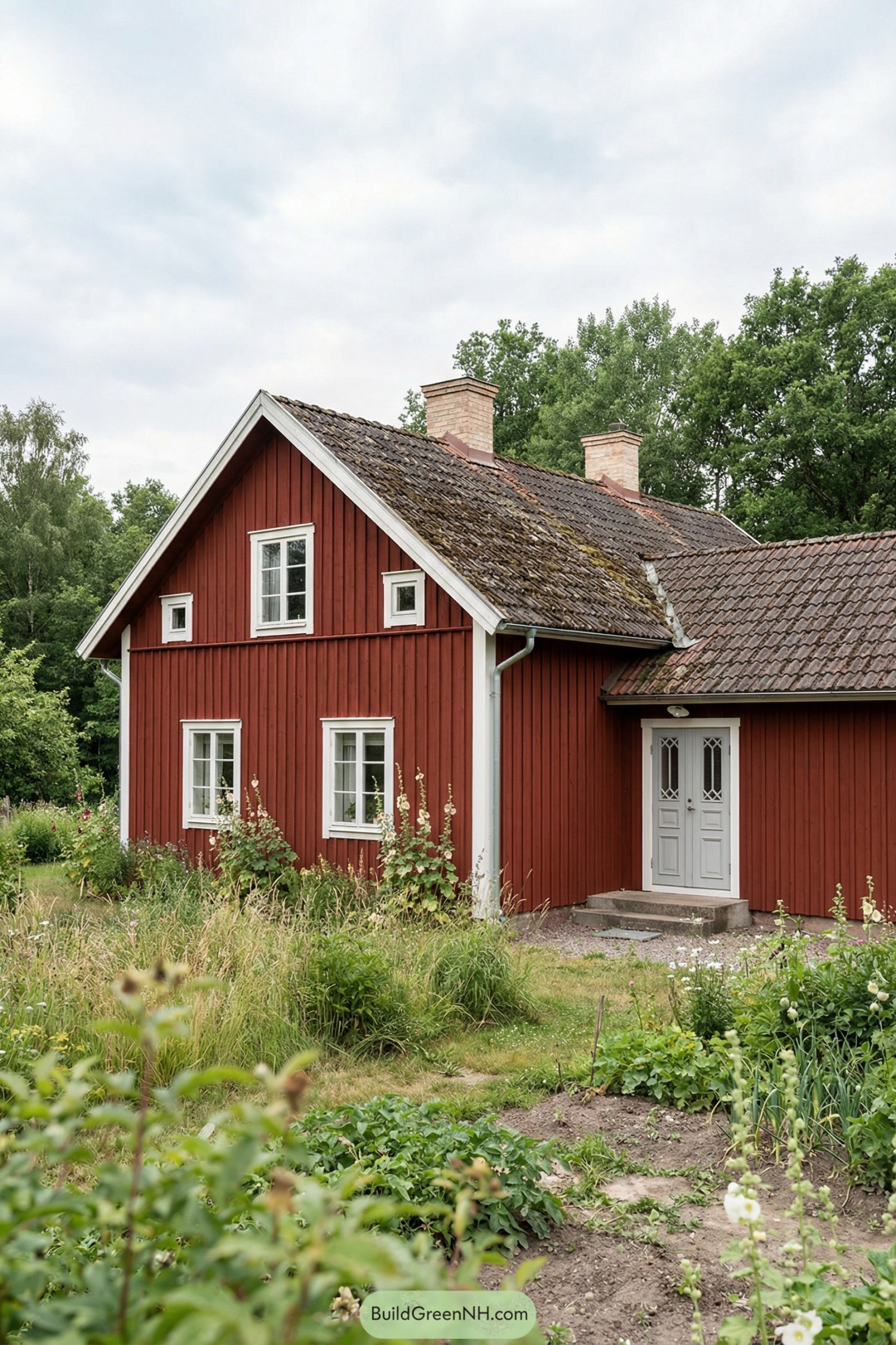 Traditional red Swedish country house with white trim, tiled roof, and lush garden beds in front
