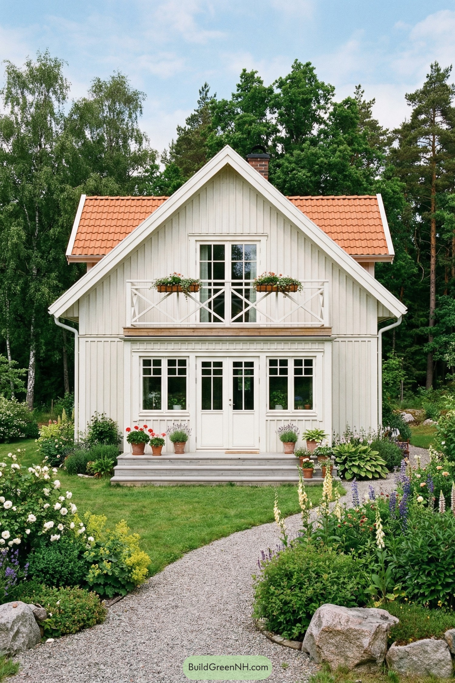Cream-painted Swedish country house with lush garden