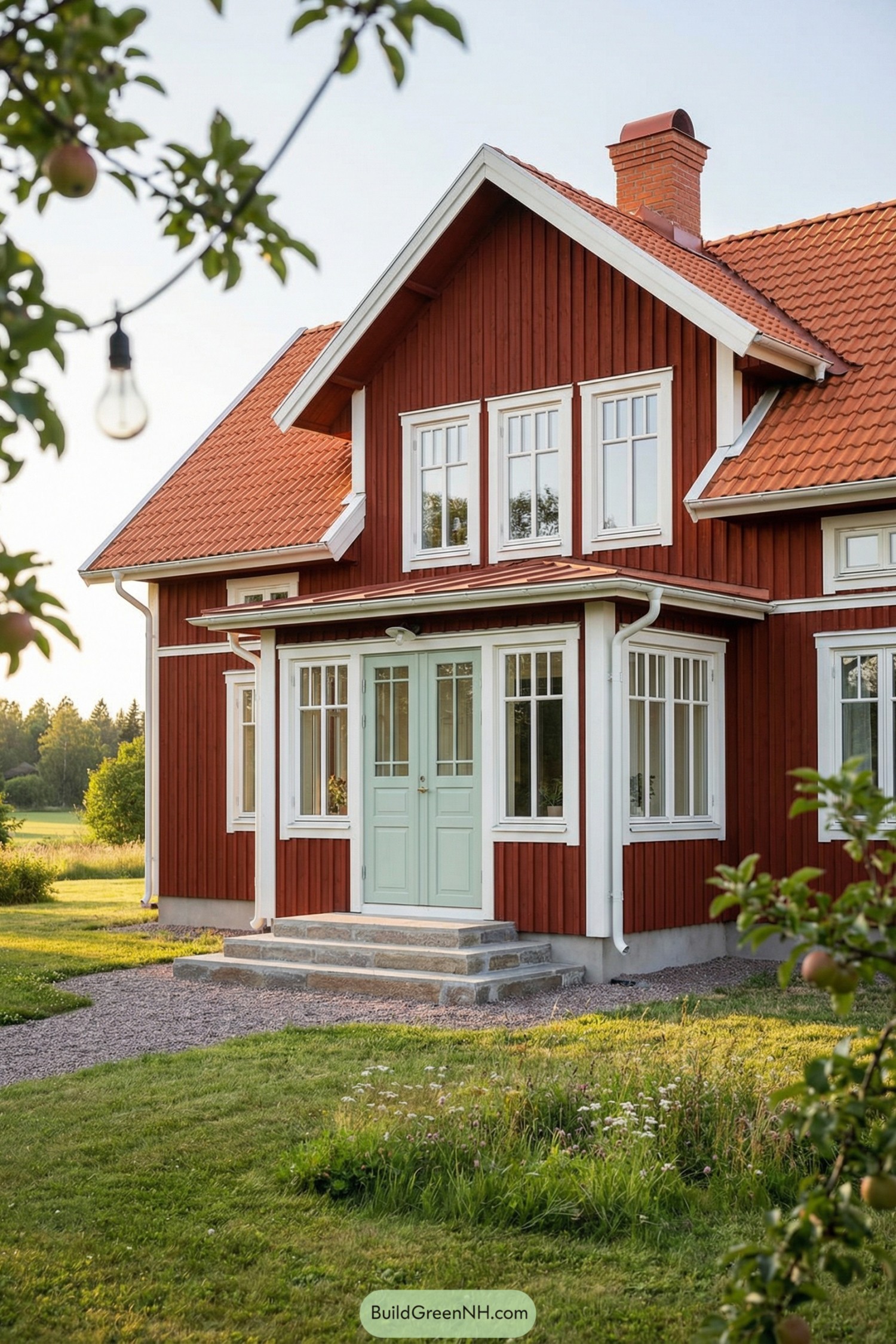 Red wooden Swedish country house with mint-green front door, white trim, and tiled roof in a green meadow
