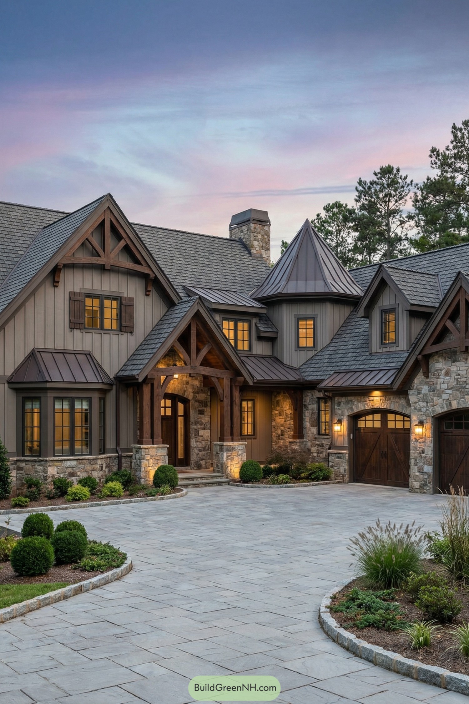 Brown timber and stone house with steep gables and lit windows at dusk