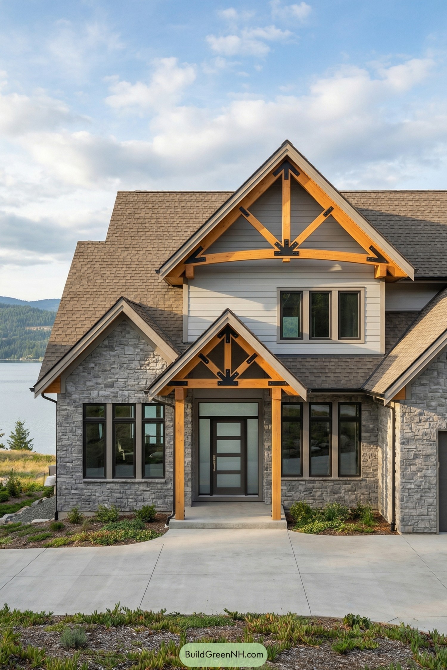 Modern lake house with stone exterior and bold timber truss entry
