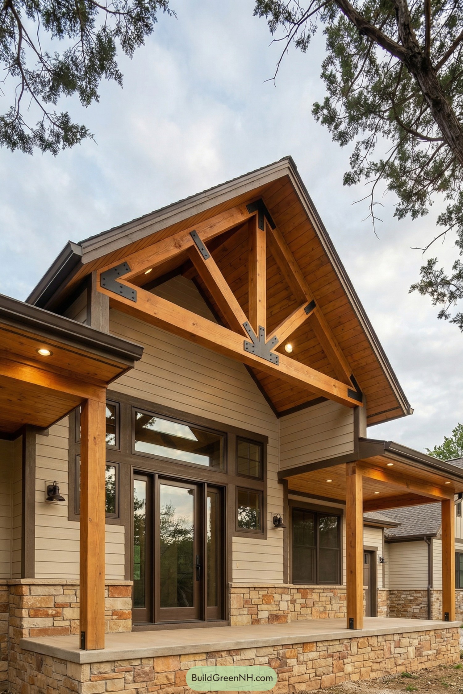 Warm timber truss entry on stone-clad home