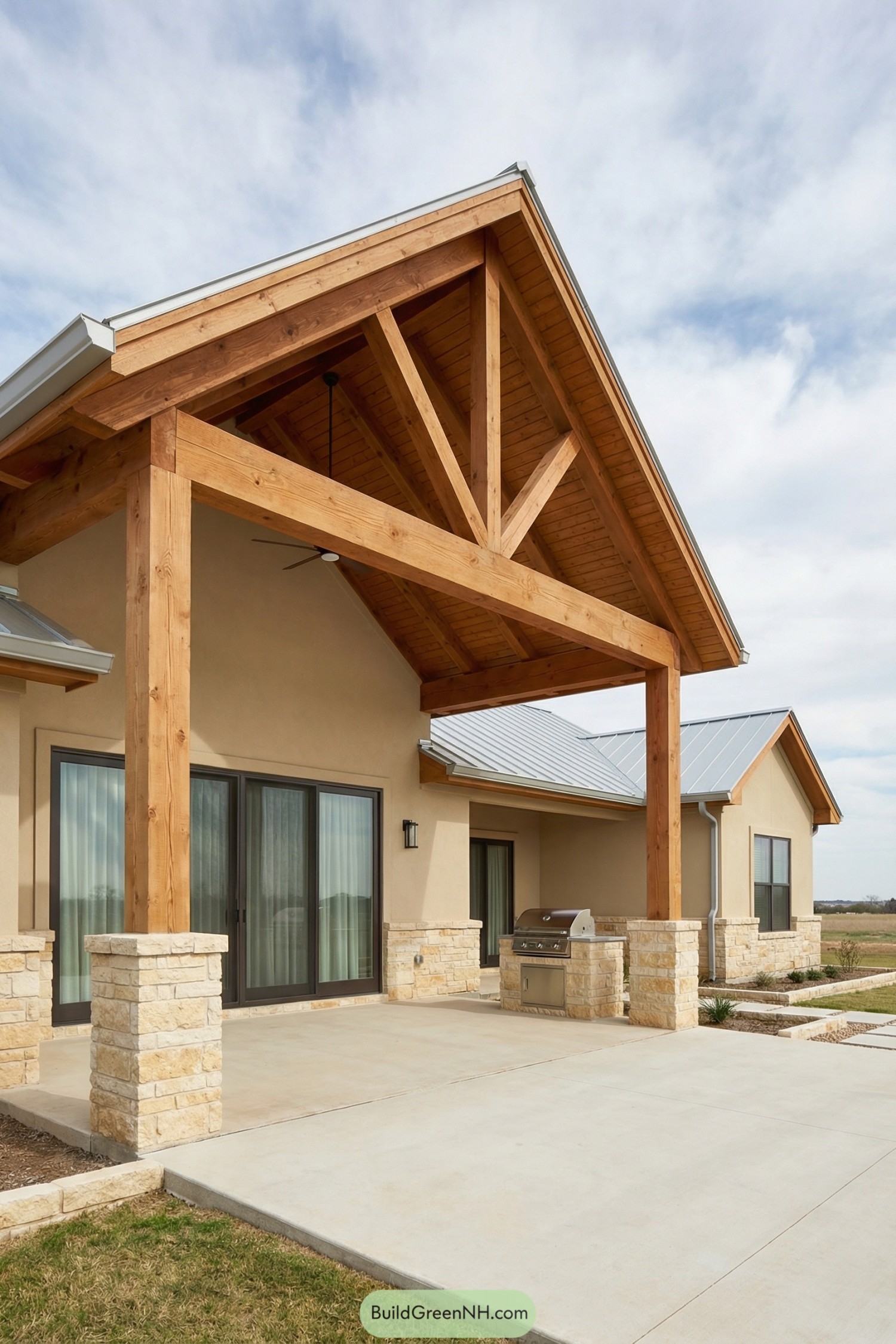 high-res photo of Timber Truss house exterior, contemporary ranch facade with large front gabled porch, dominant exposed heavy timber truss system with layered beams and braces, warm beige smooth wall surfaces, lower walls and column bases clad in light tan stacked-stone veneer, structure composed of rectangular single-story massing with clean horizontal lines, materials include natural stained timber, stone masonry, light-colored stucco, and metal roofing, main porch roof a steep front-facing gable with visible tongue-and-groove wood decking beneath, secondary lower-slope gable roofs extending back and to the side in staggered volumes, roofing in light gray metal panels with crisp edges and minimal overhangs, windows minimal and rectilinear with white frames including a small single casement and large sliding glass door beneath the porch gable, door style as dark-framed full-height glass sliders with sheer curtains behind, outdoor area featuring wide smooth concrete patio, prominent stone-and-timber columns supporting the timber truss porch, built-in stainless-steel outdoor oven set on a low stone plinth, landscaping very minimal with clean hardscape and low stone edging, surrounding environment an open flat landscape with distant horizon and pale grassy fields, expansive blue sky with soft clouds creating a bright yet gentle atmosphere, composition framed from a low angle emphasizing the timber truss geometry and porch volume, real-life photo, high-resolution, architectural photography, soft lighting, cinematic composition.