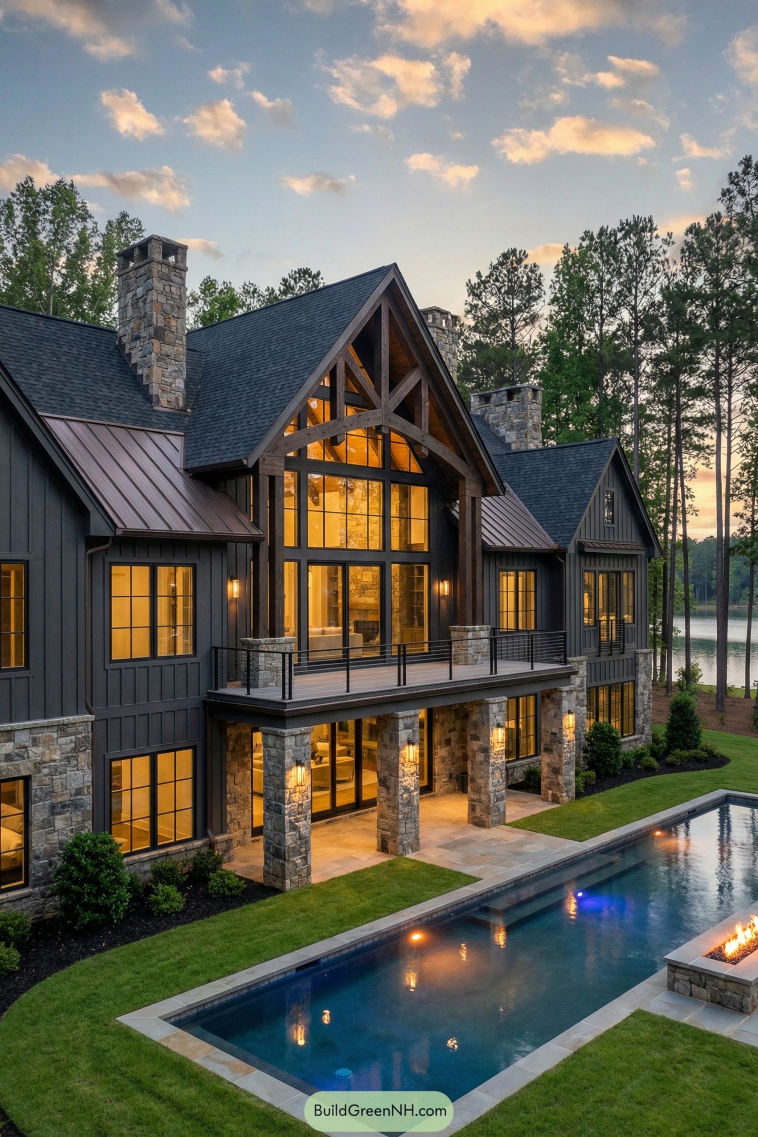 Dark timber and stone lake house with tall glass gable and poolside fire feature