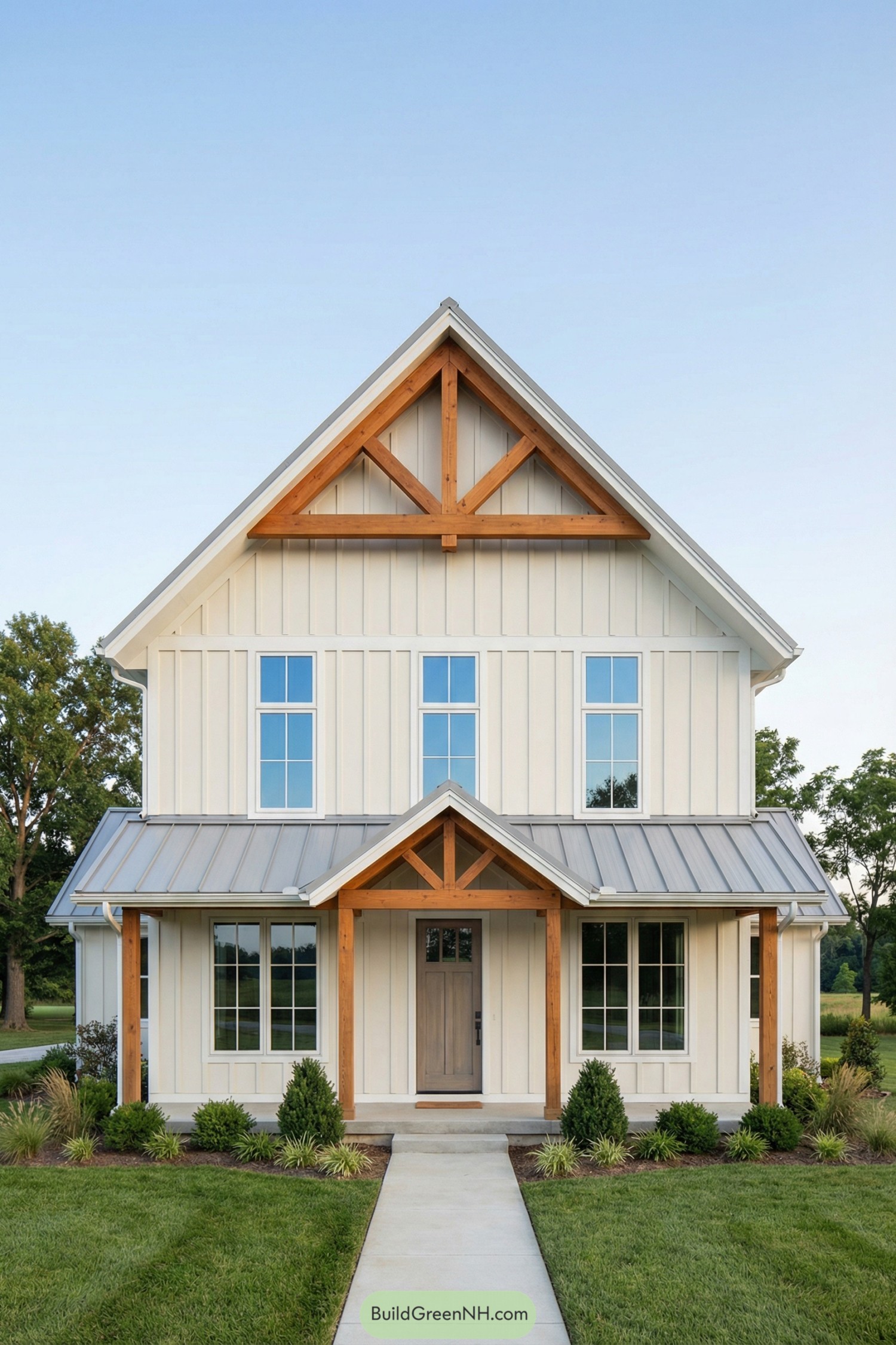 Cream farmhouse with vertical siding and warm timber trusses