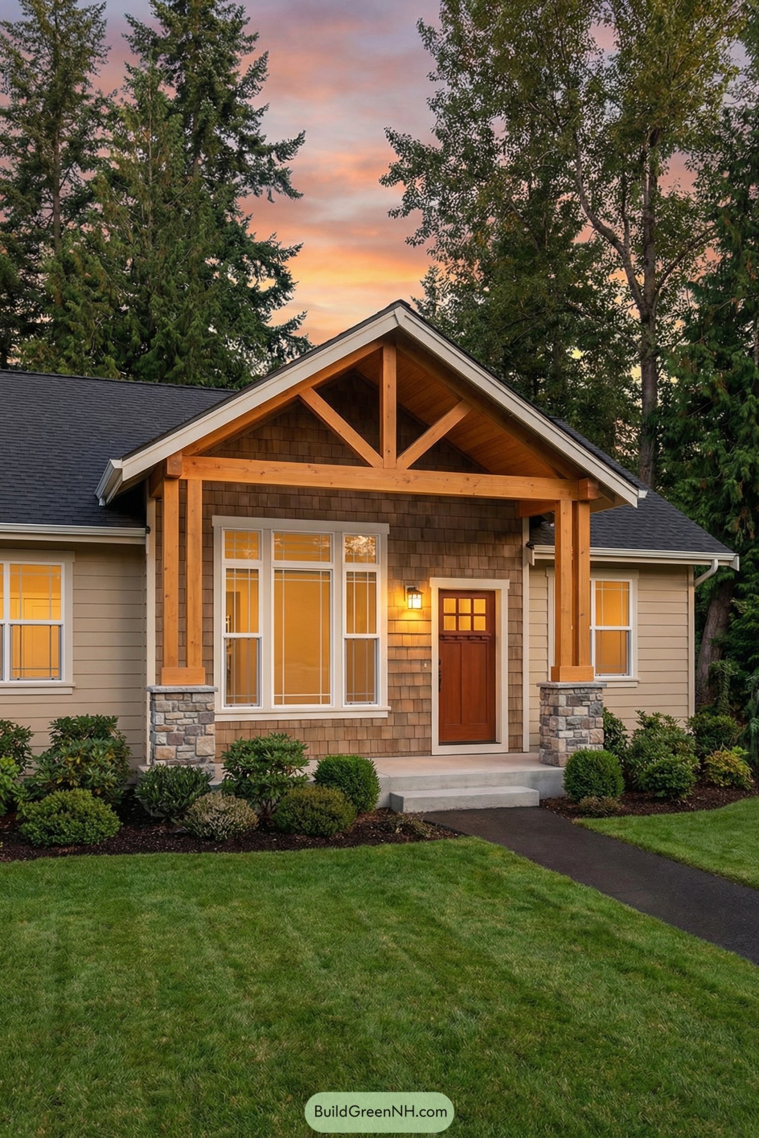 Cozy single-story home with timber truss porch and shingle-clad entry framed by simple landscaping