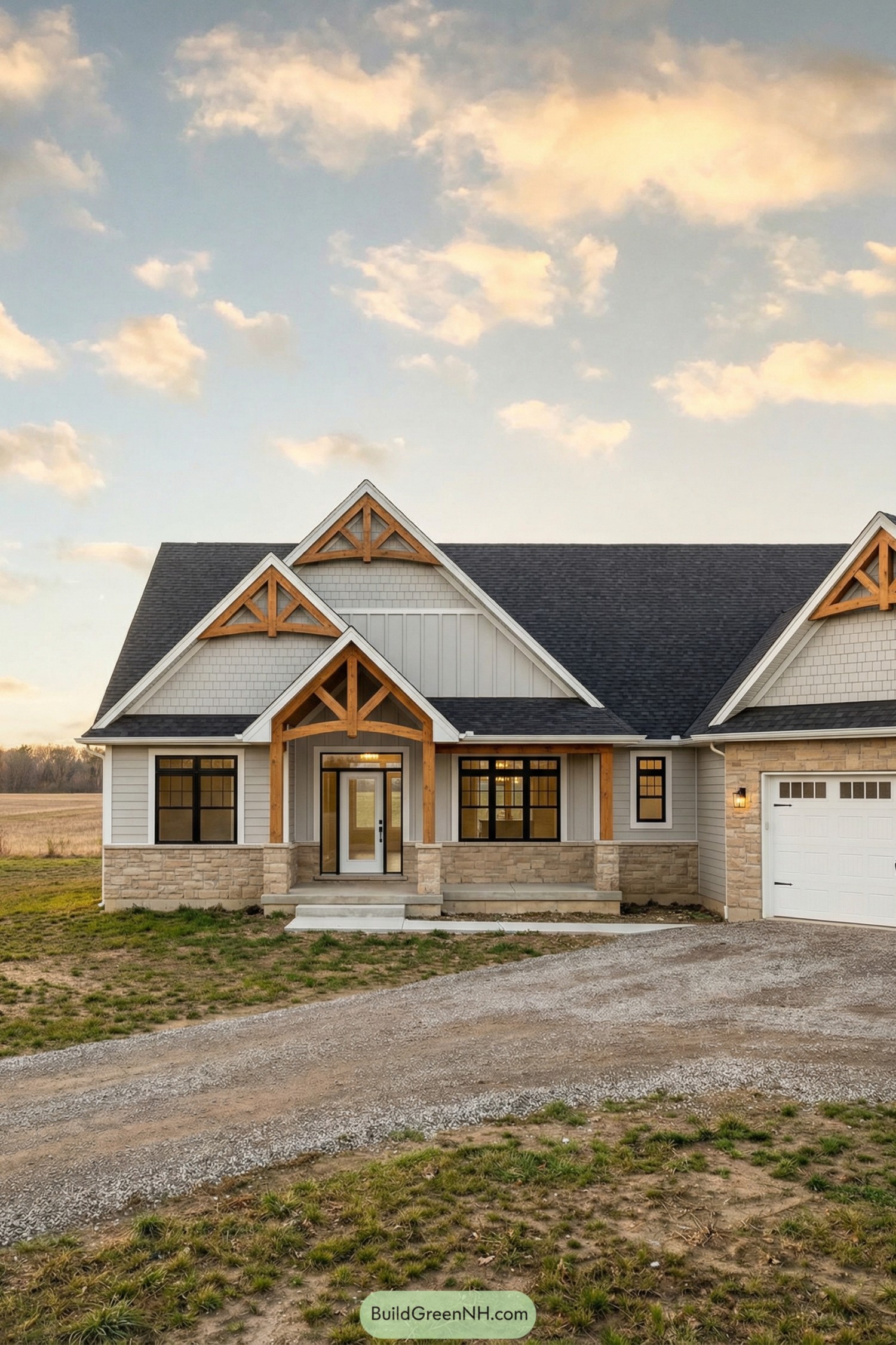 Front view of a modern farmhouse with exposed timber trusses stone base and black-framed windows
