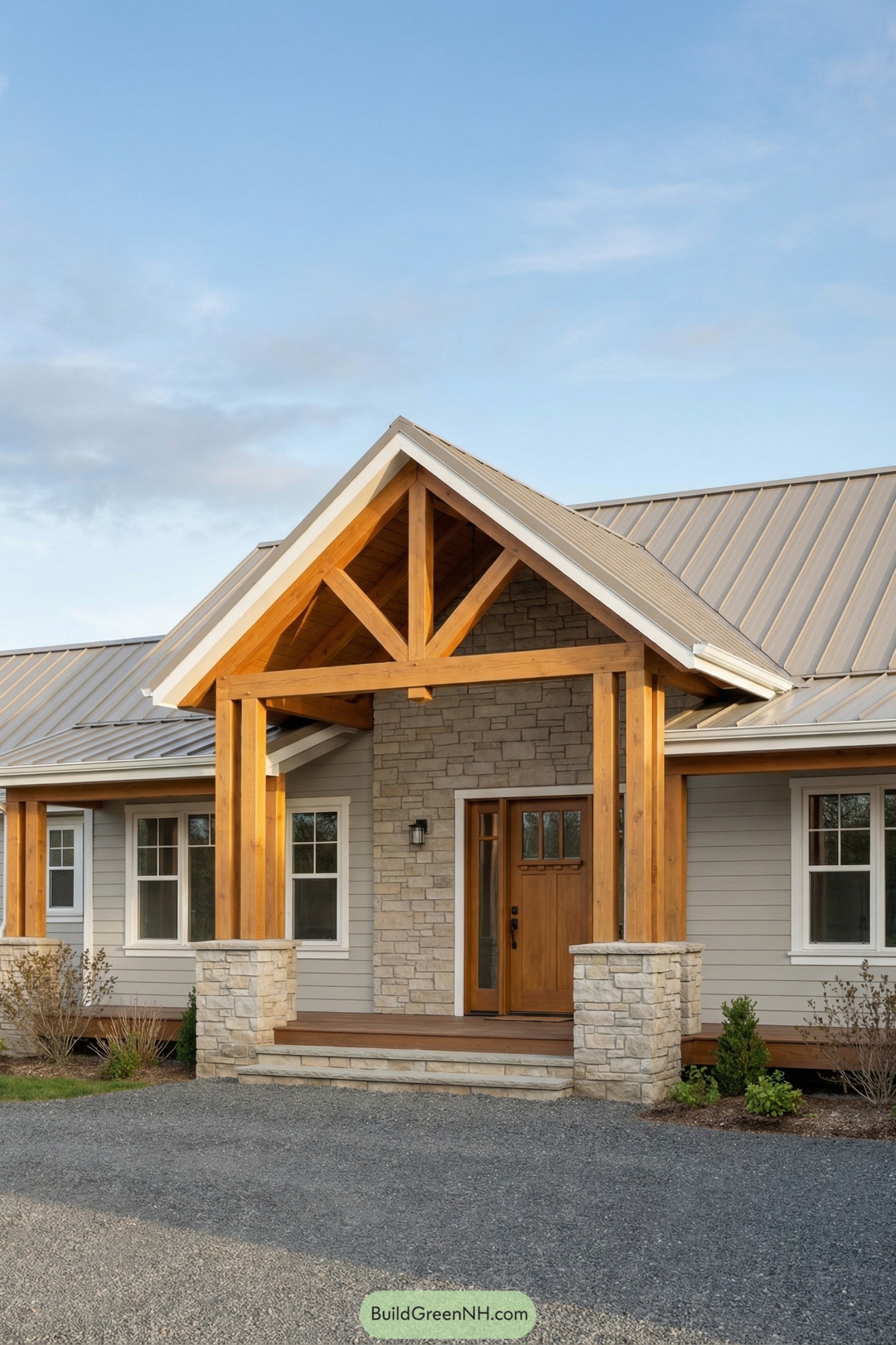 Timber front porch with stone entry and gable roof