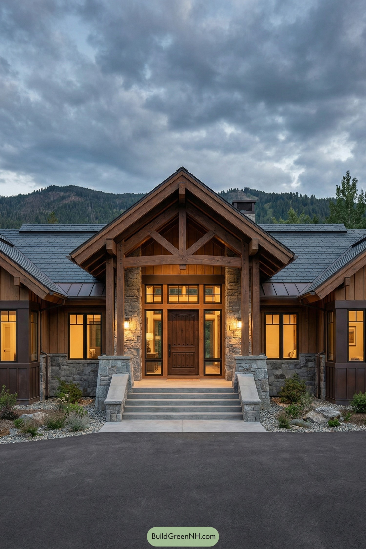 Timber and stone mountain home with gabled entry
