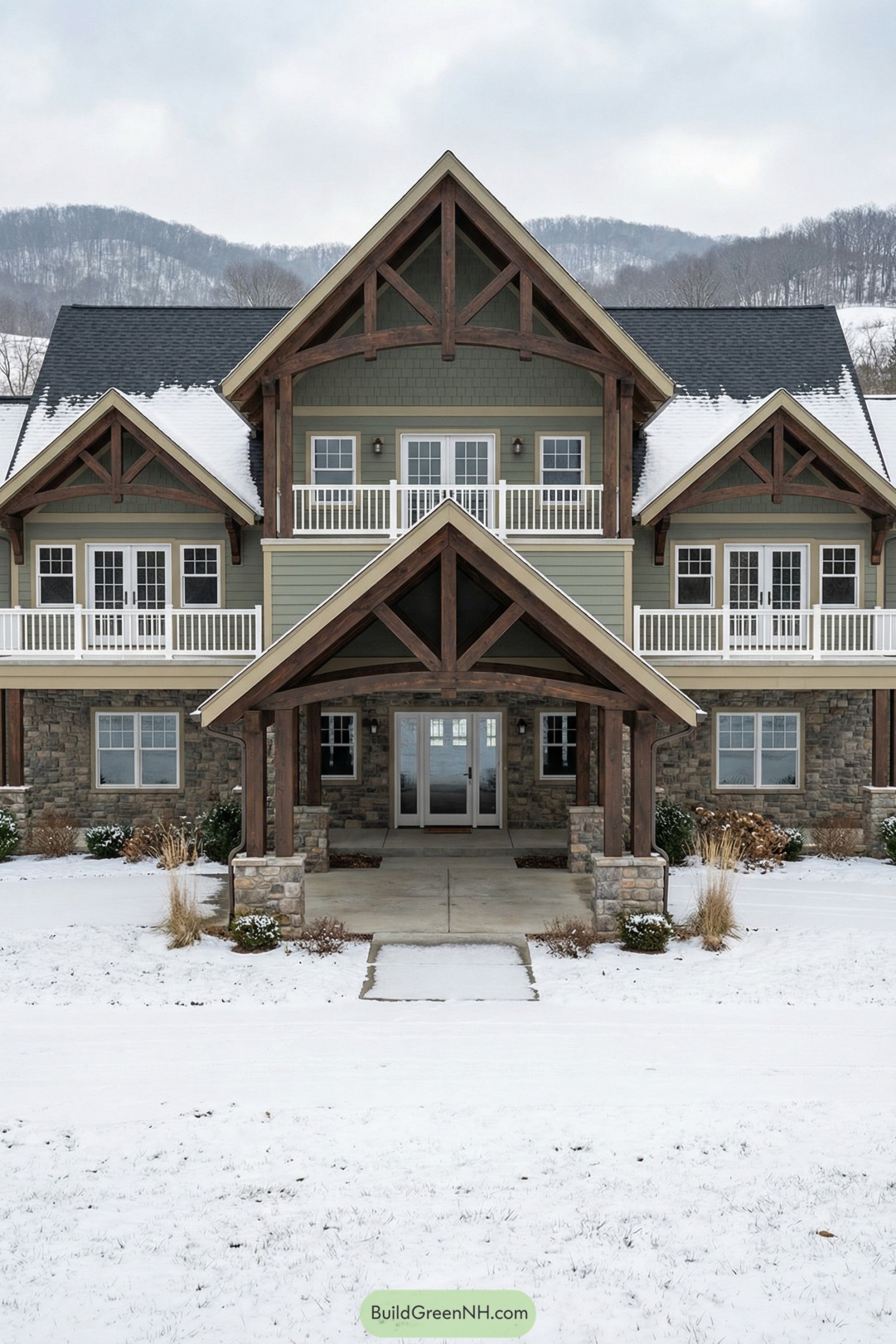 Two-story lodge-style home with green siding, stone base, and prominent timber truss entry in a snowy landscape. Symmetrical front balconies with white railings flank the central gabled porch