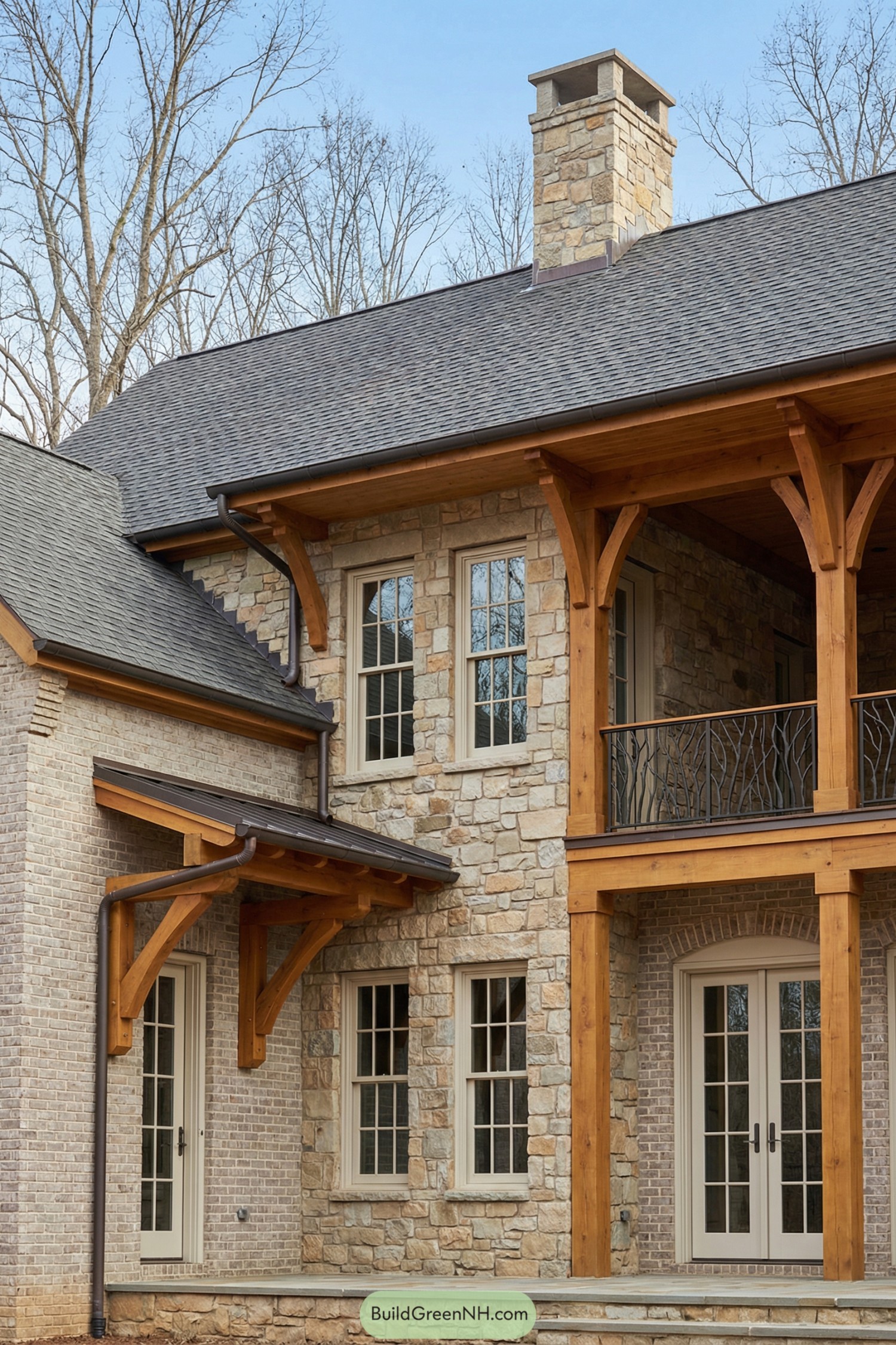 Two-story stone and timber house exterior with covered balcony and decorative metal railing