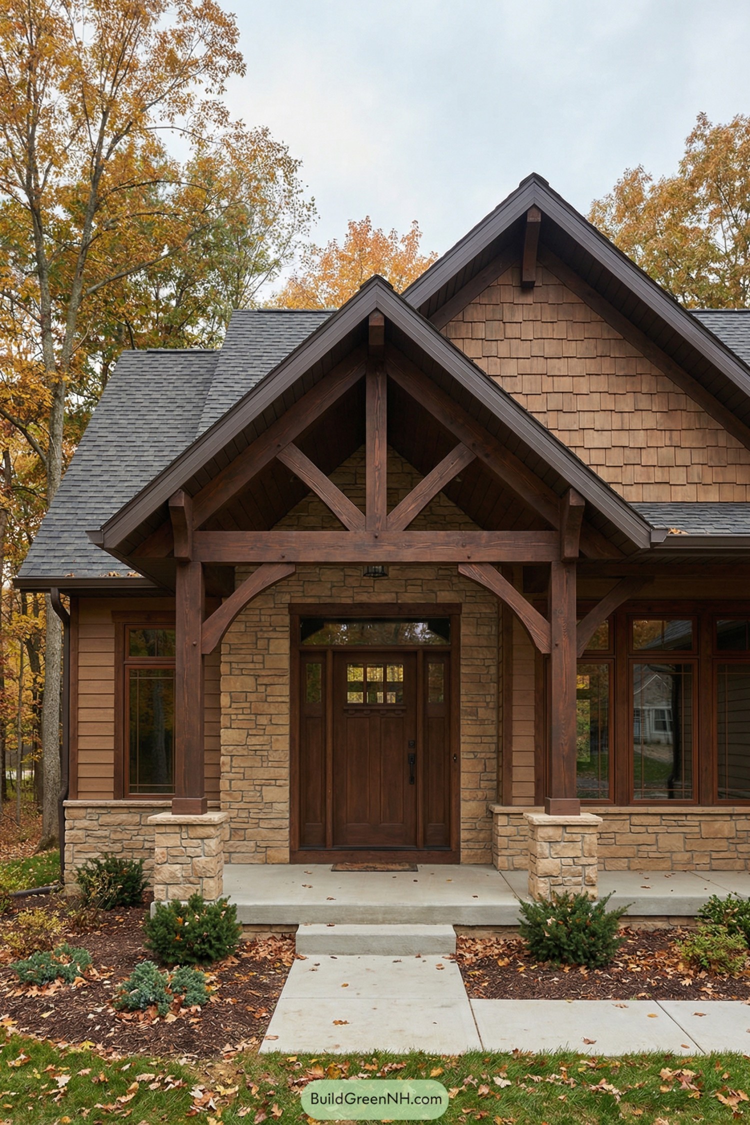 Warm timber truss entry on stone-clad house