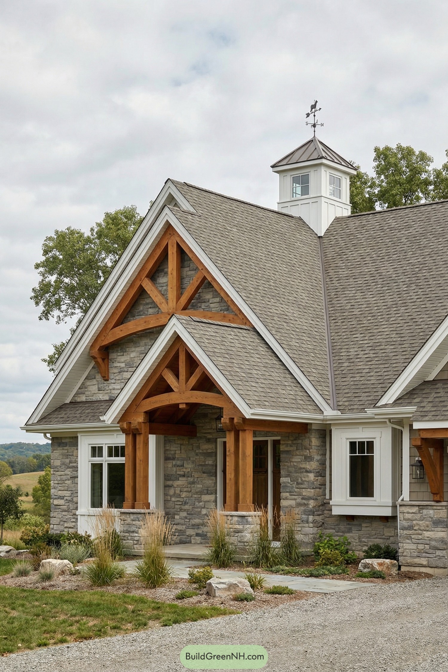 Stone house with timber gable front porch