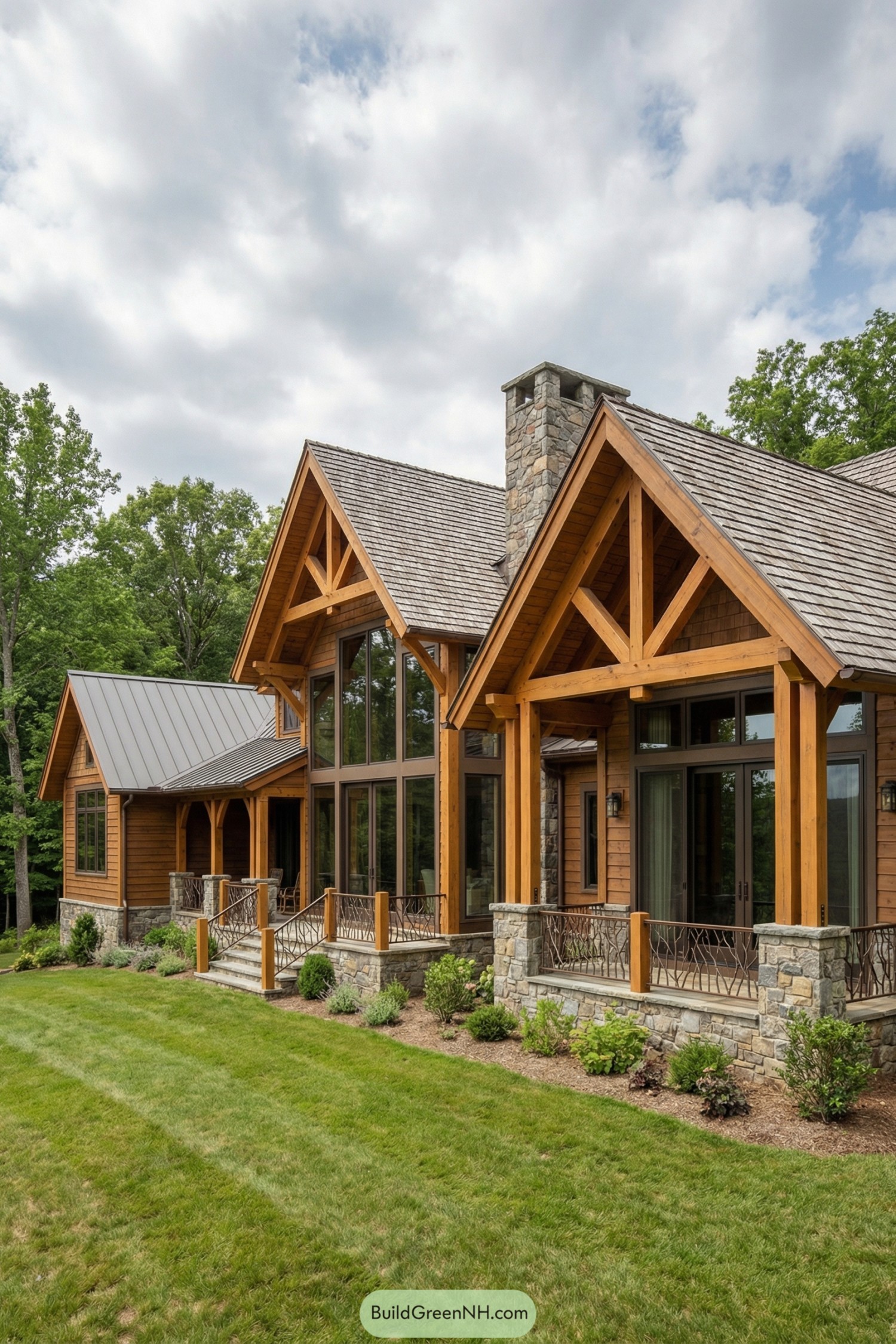 Timber and stone gabled house with large windows